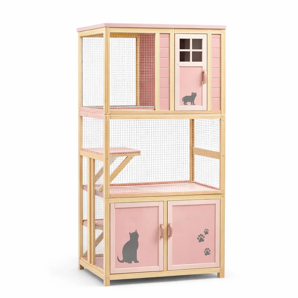 Katzenkäfig aus Kiefernholz und Stahlgeflecht, Rosa-Homelito