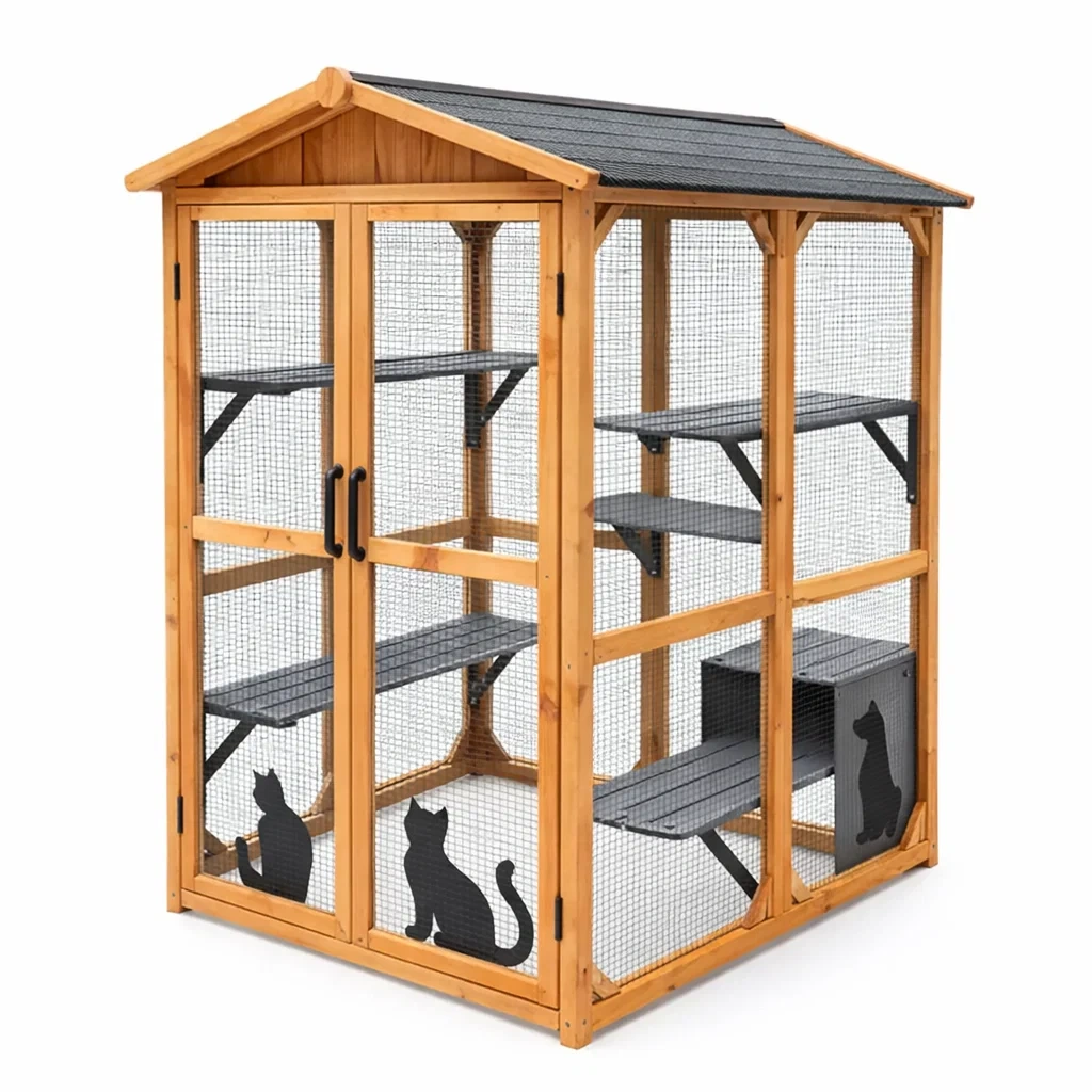 Holz Katzenhaus mit Metallgeflecht für Outdoor-Homelito