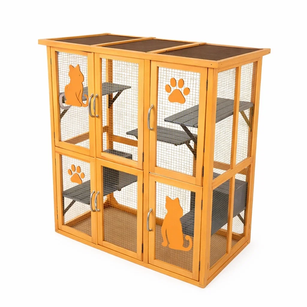 Katzenkäfig aus Kiefernholz mit Maschendraht, Orange/Grau-Homelito