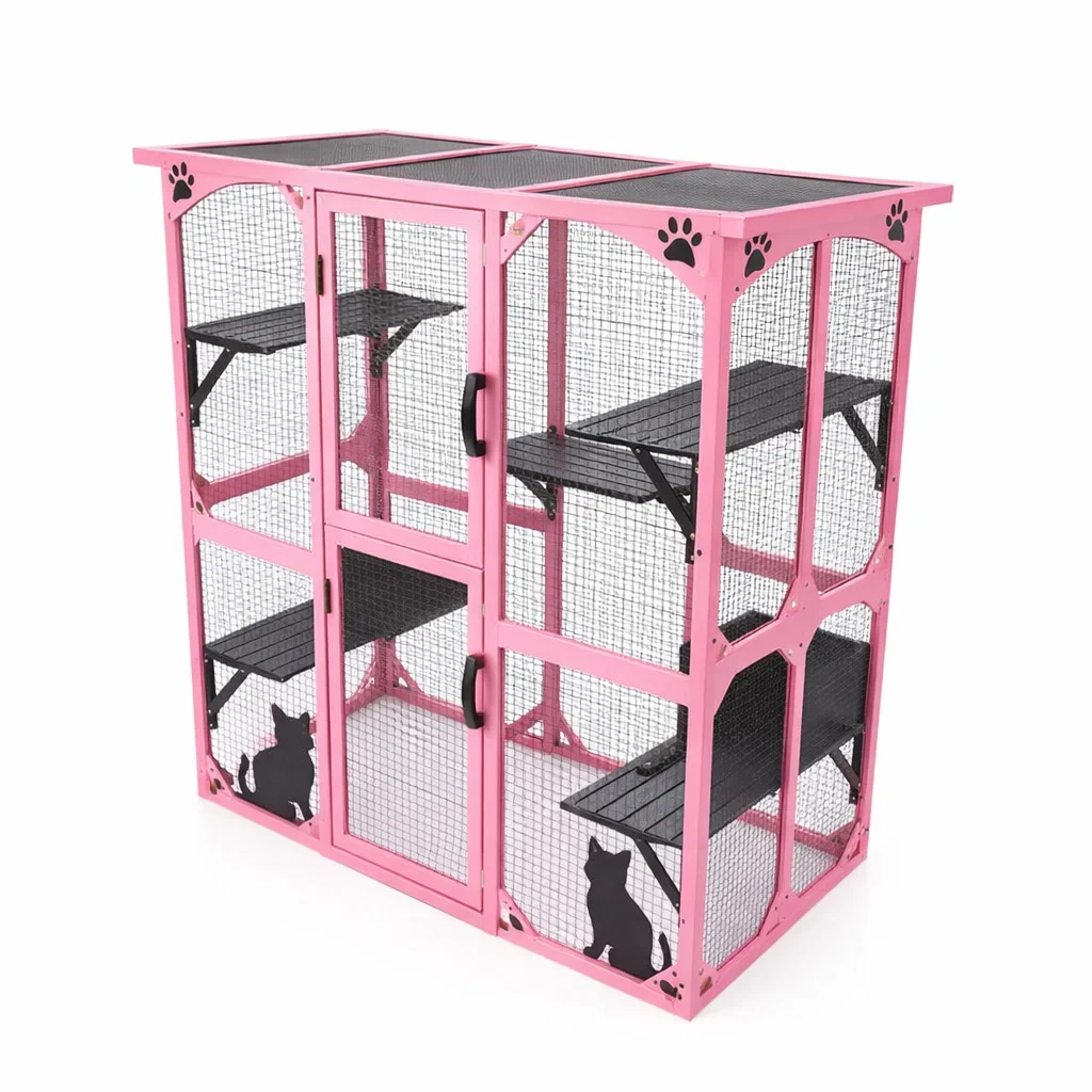 Katzengehäuse Metall mit Etagen und Türen Rosa-Homelito