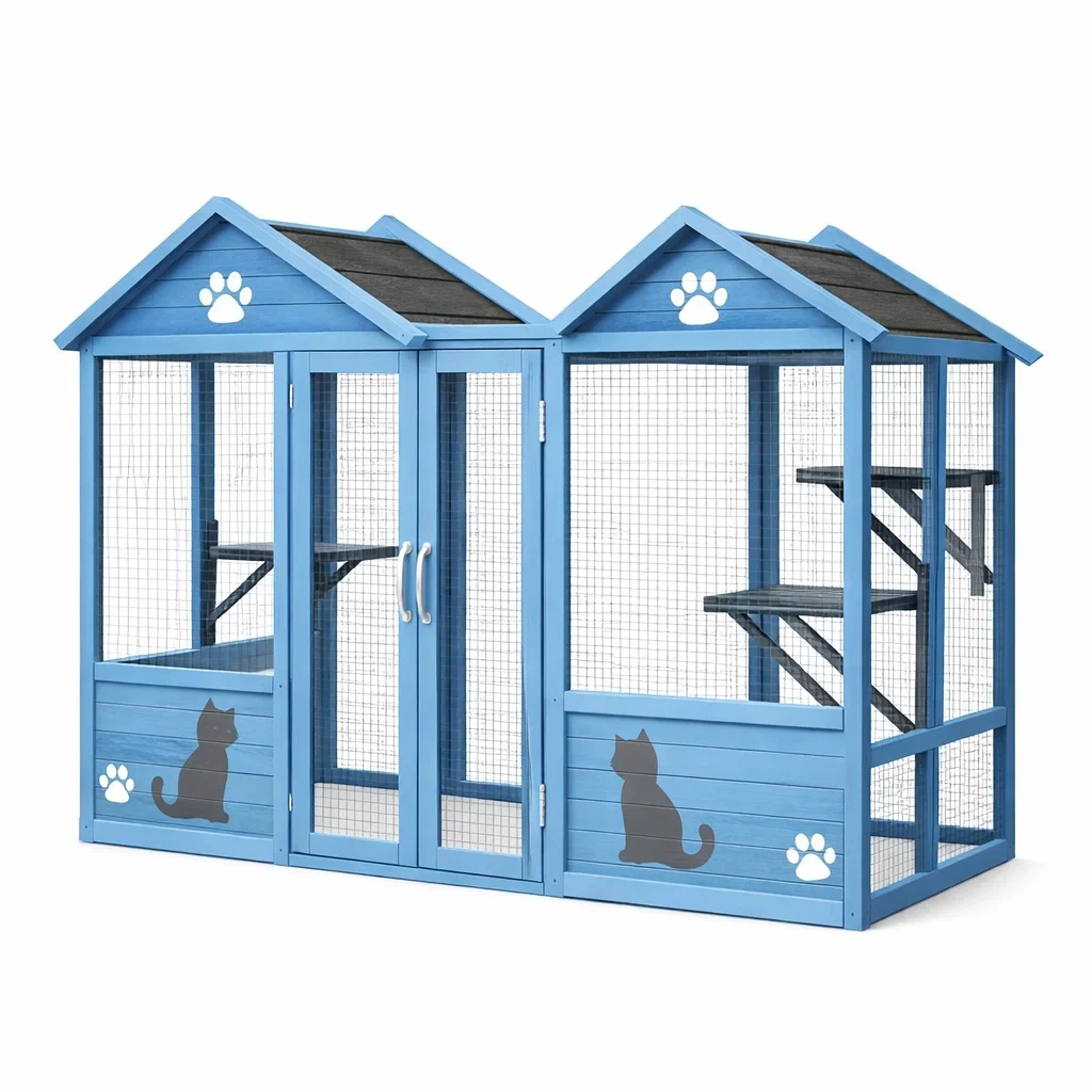 Holz-Katzengehege mit Metallgitter Blau-Homelito