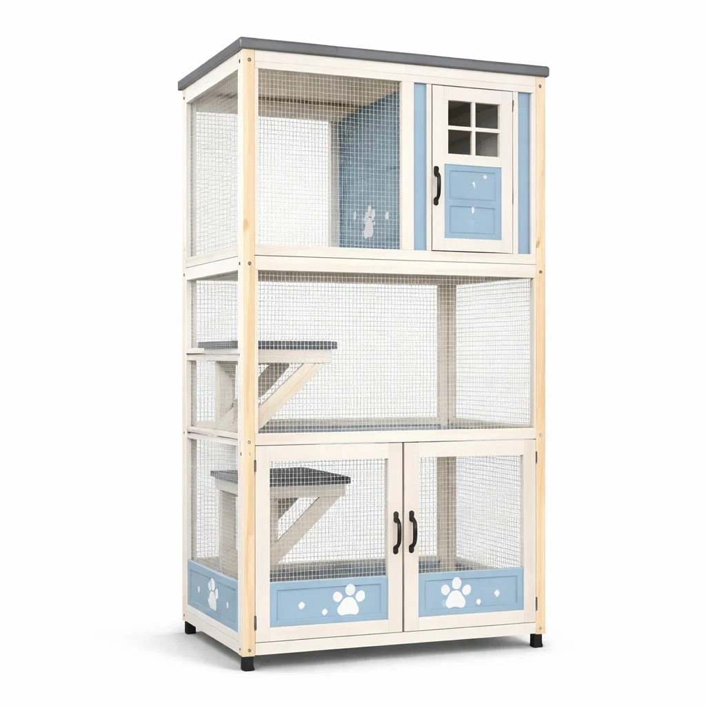 Holz-Katzengehege mit 4 Ebenen aus Massivholz Blau/Weiß 180 cm-Homelito