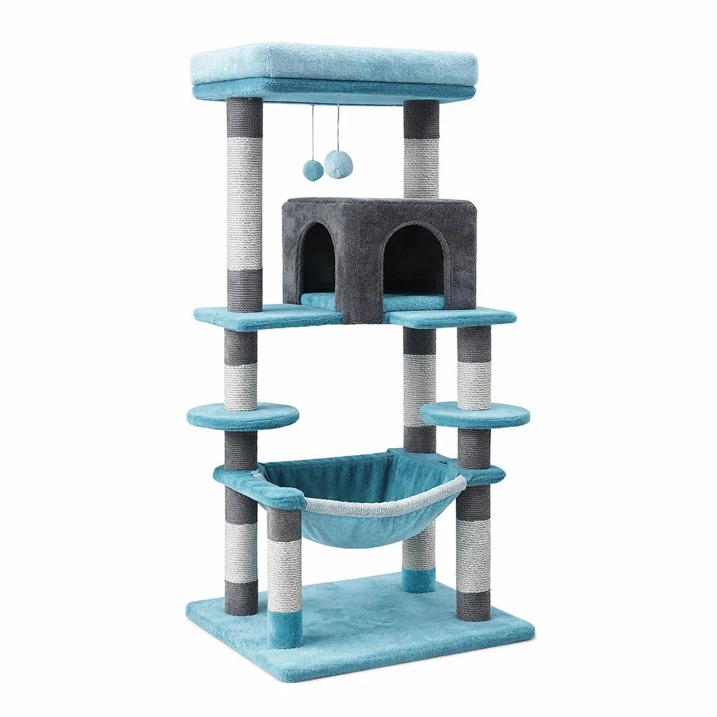 Kratzbaum mit Hängematte und Höhle, 4 Ebenen, Polyesterplüsch und Sisal, Blau/Grau-Homelito