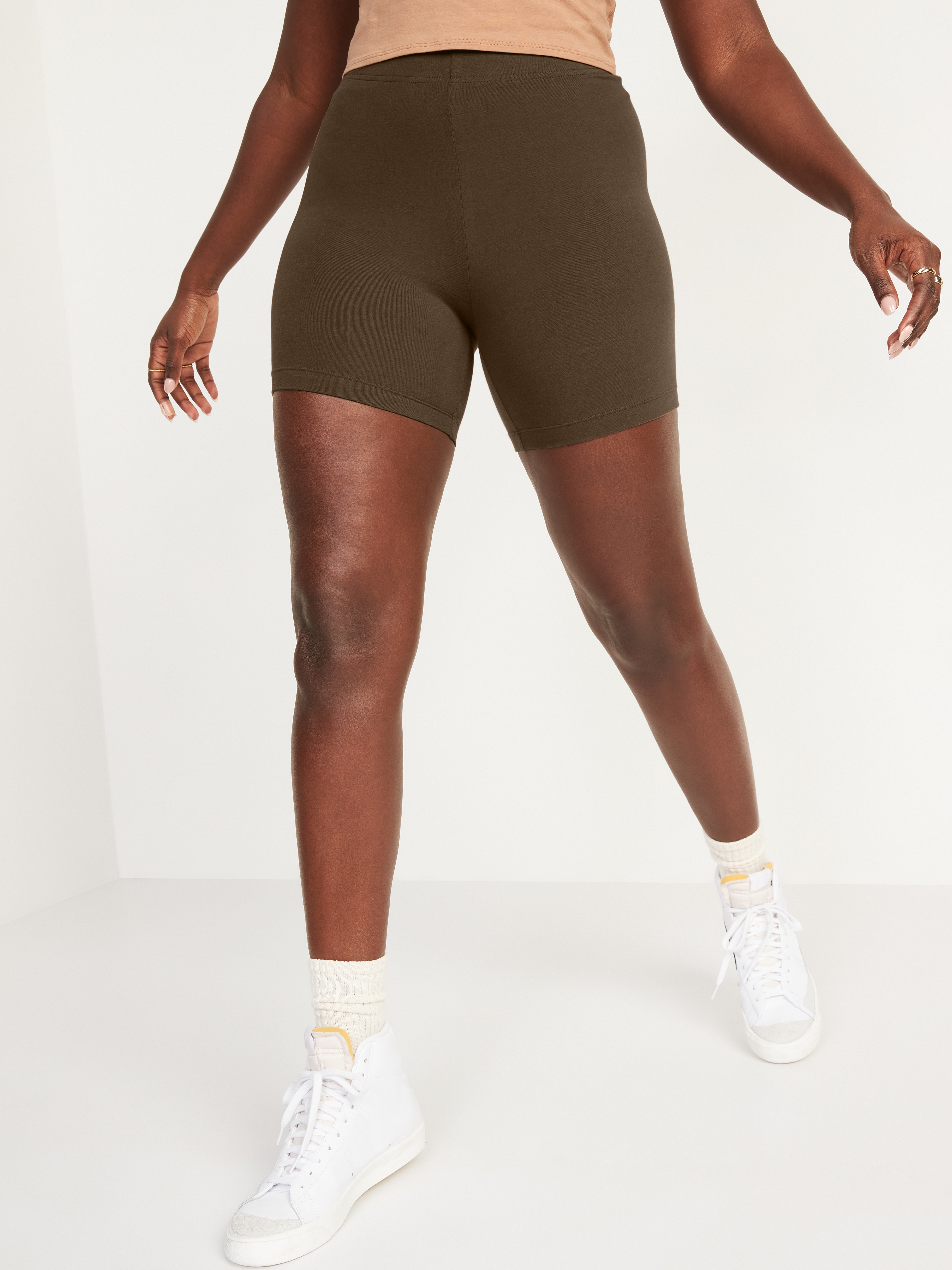 High-Waisted Cotton Biker Shorts -- 6-inch inseam - Dark Walnut - 1