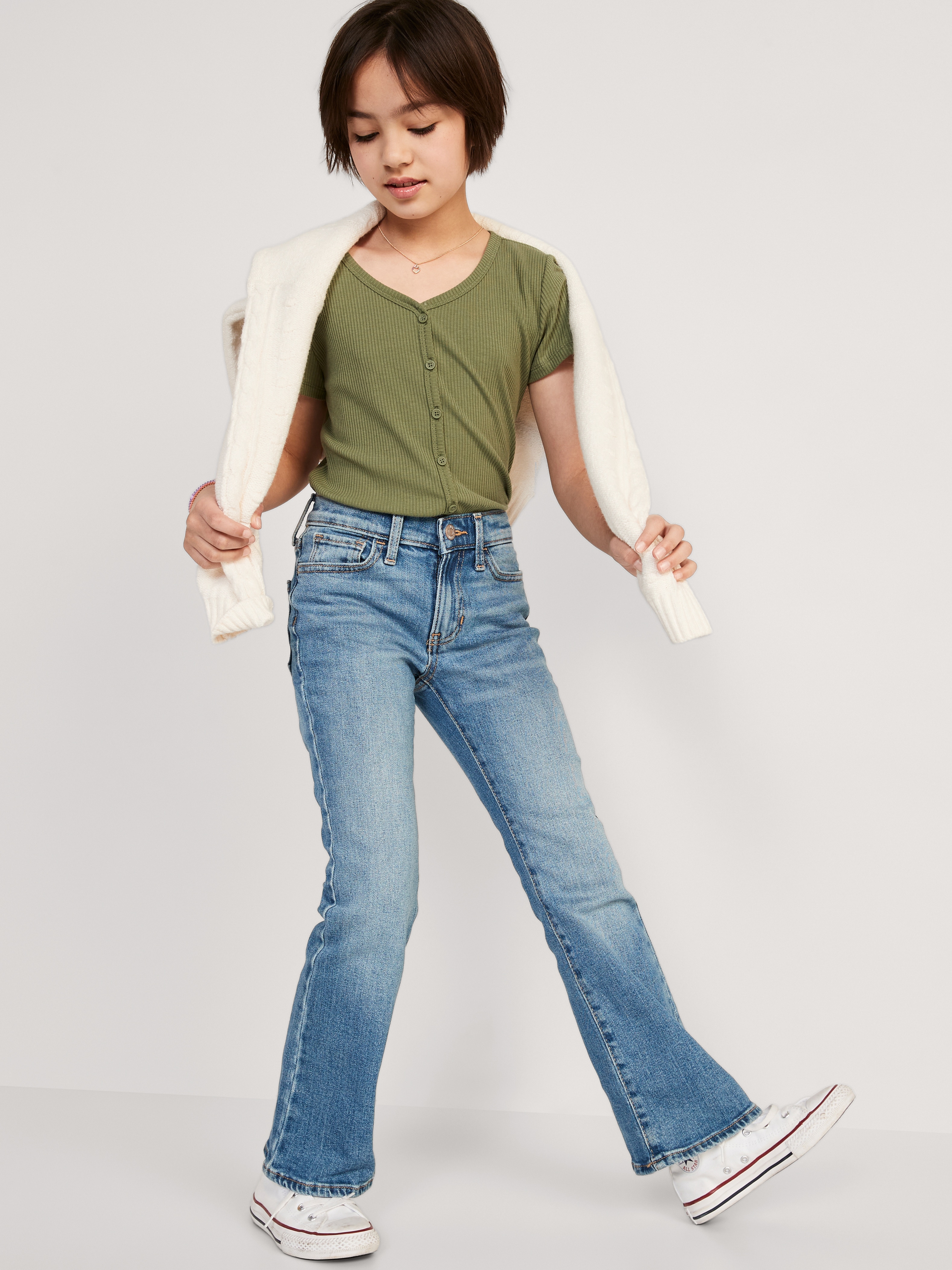 Printed High-Waisted Flare-Leg Jeans for Girls - Light Wash - 3