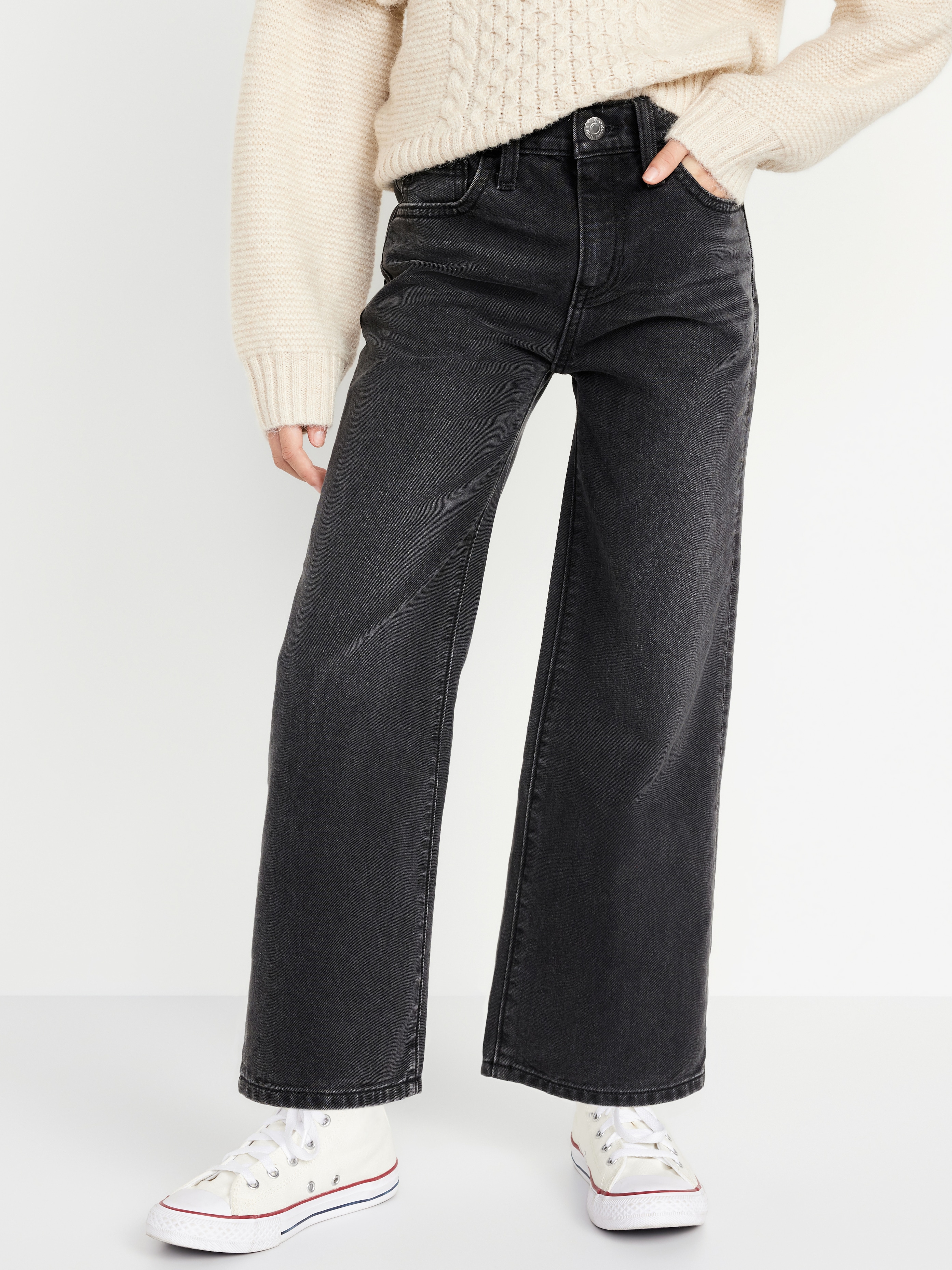 Printed High-Waisted Baggy Wide-Leg Jeans for Girls - Black Rinse - 1