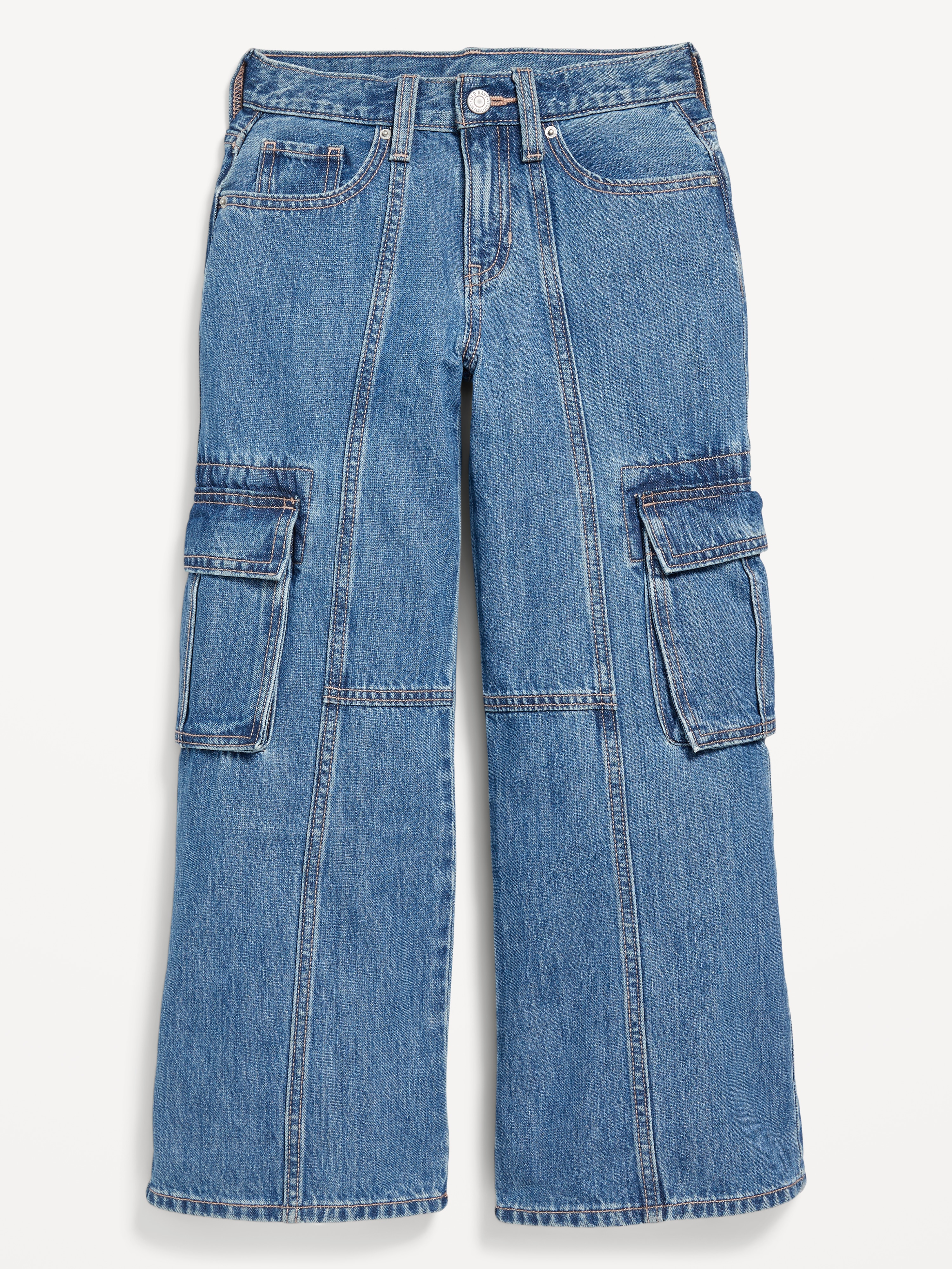 High-Waisted Super Baggy Wide-Leg Cargo Jeans for Girls - Medium Wash - 4