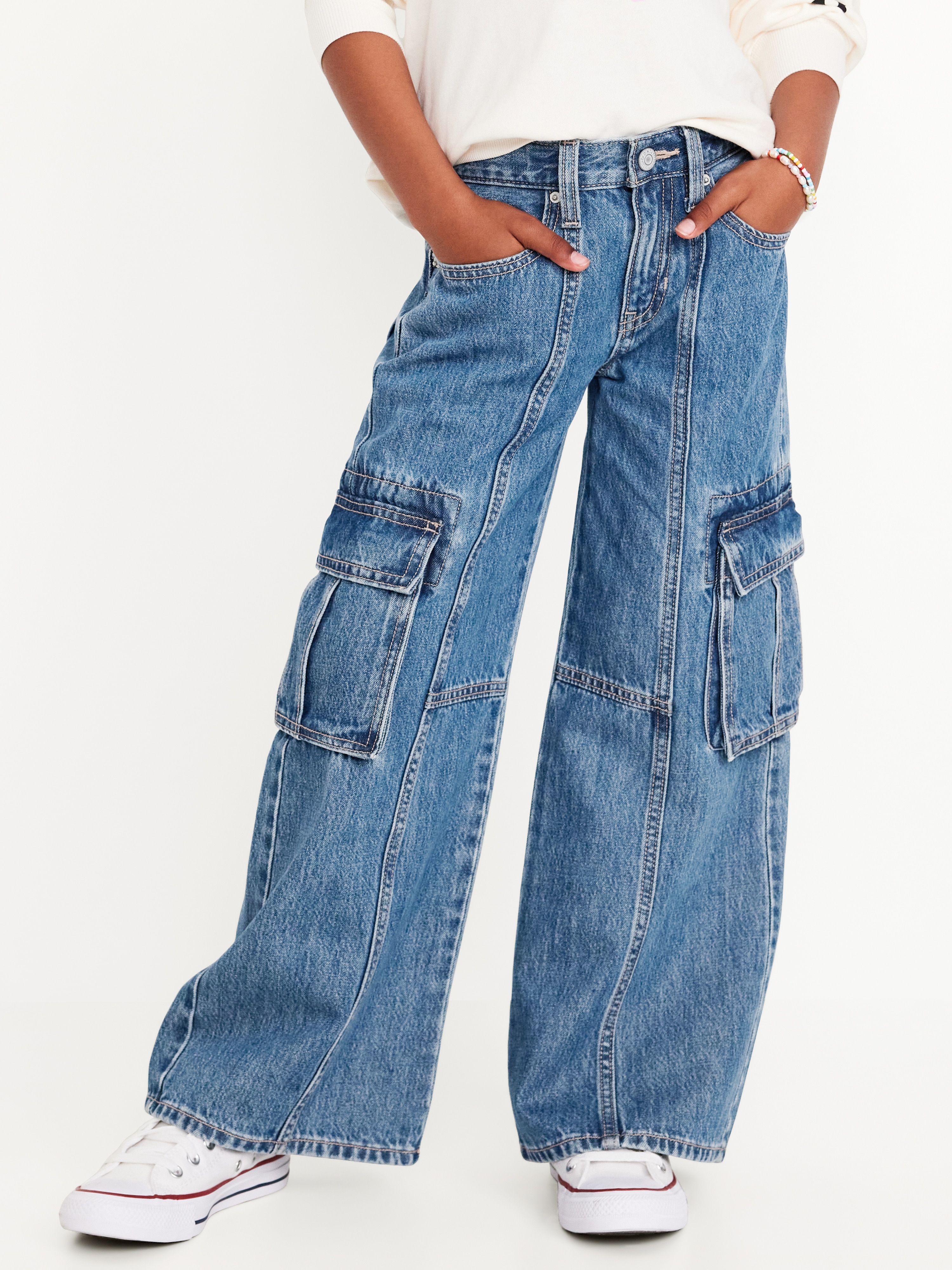 High-Waisted Super Baggy Wide-Leg Cargo Jeans for Girls - Medium Wash - 1