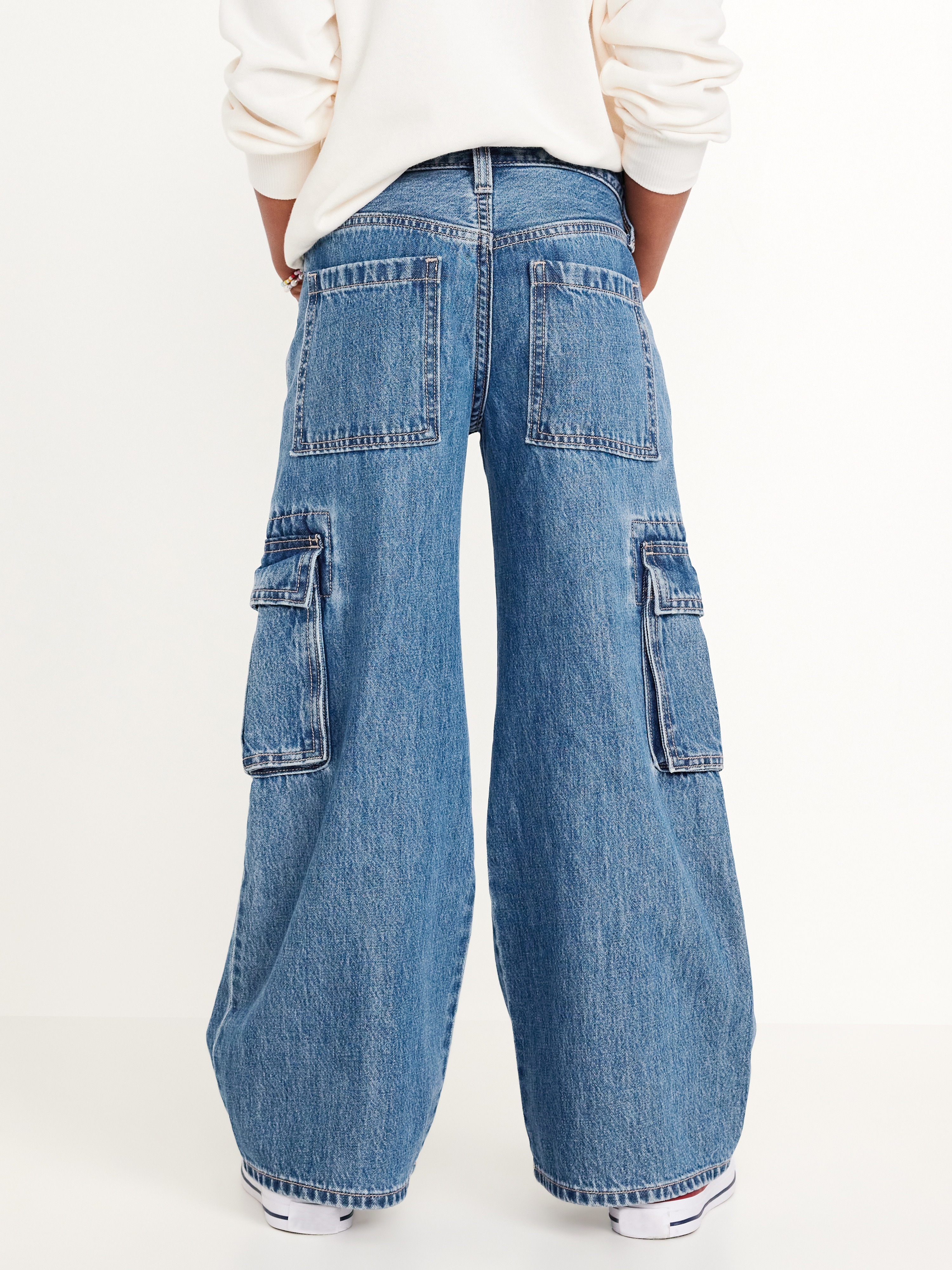 High-Waisted Super Baggy Wide-Leg Cargo Jeans for Girls - Medium Wash - 2