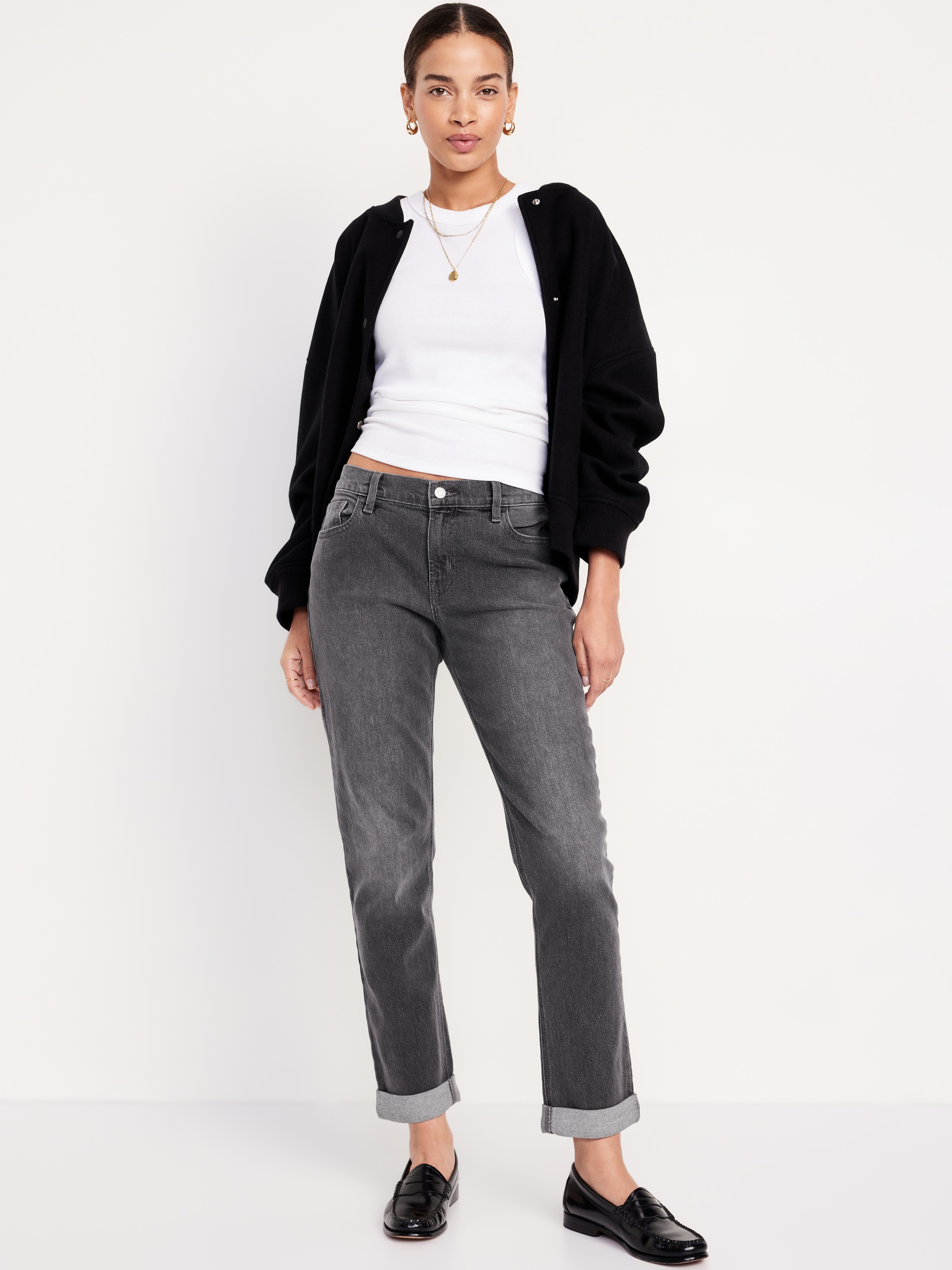 Mid-Rise Wow Boyfriend Straight Jeans - Faded Black - 1