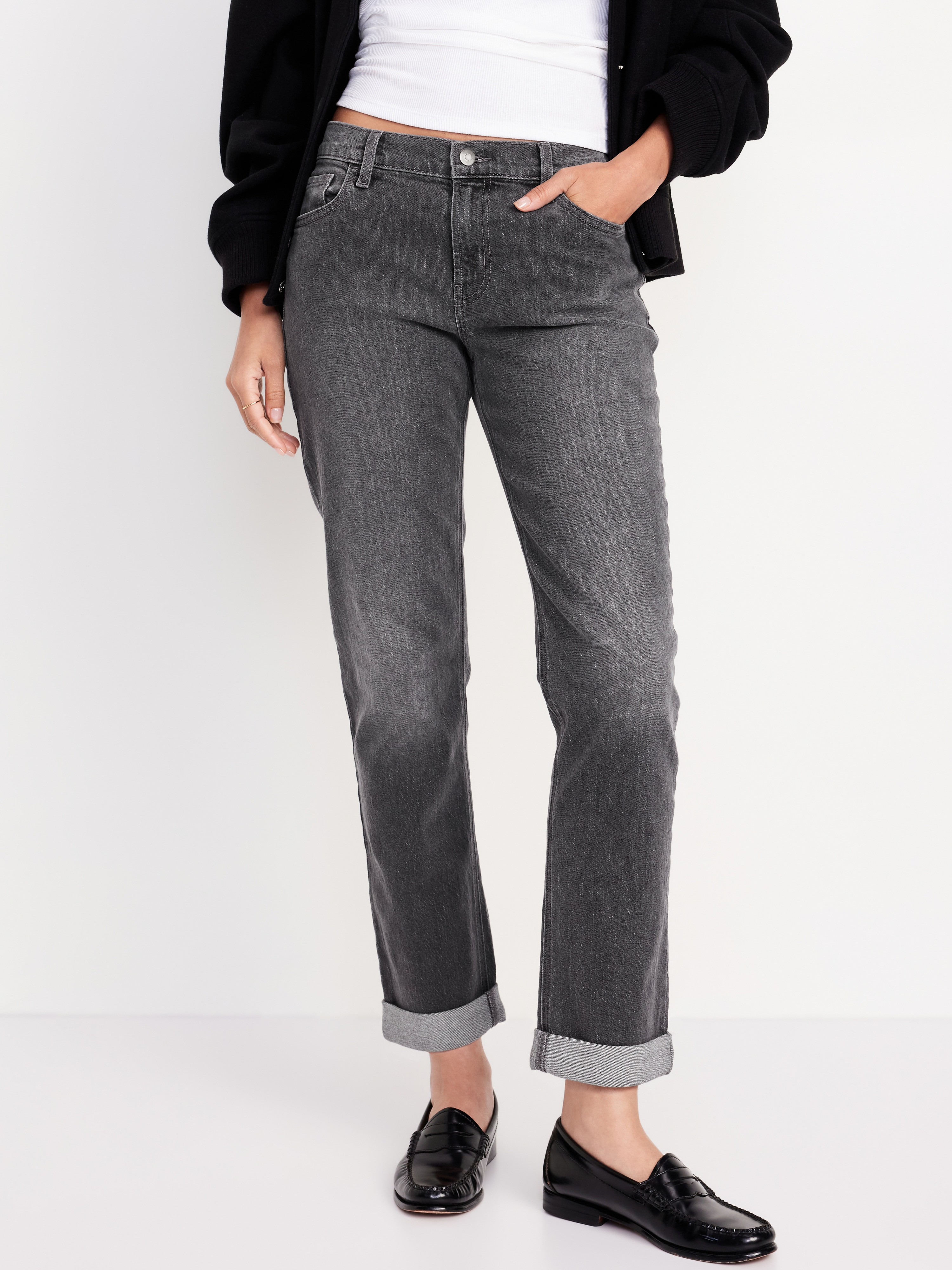 Mid-Rise Wow Boyfriend Straight Jeans - Faded Black - 3