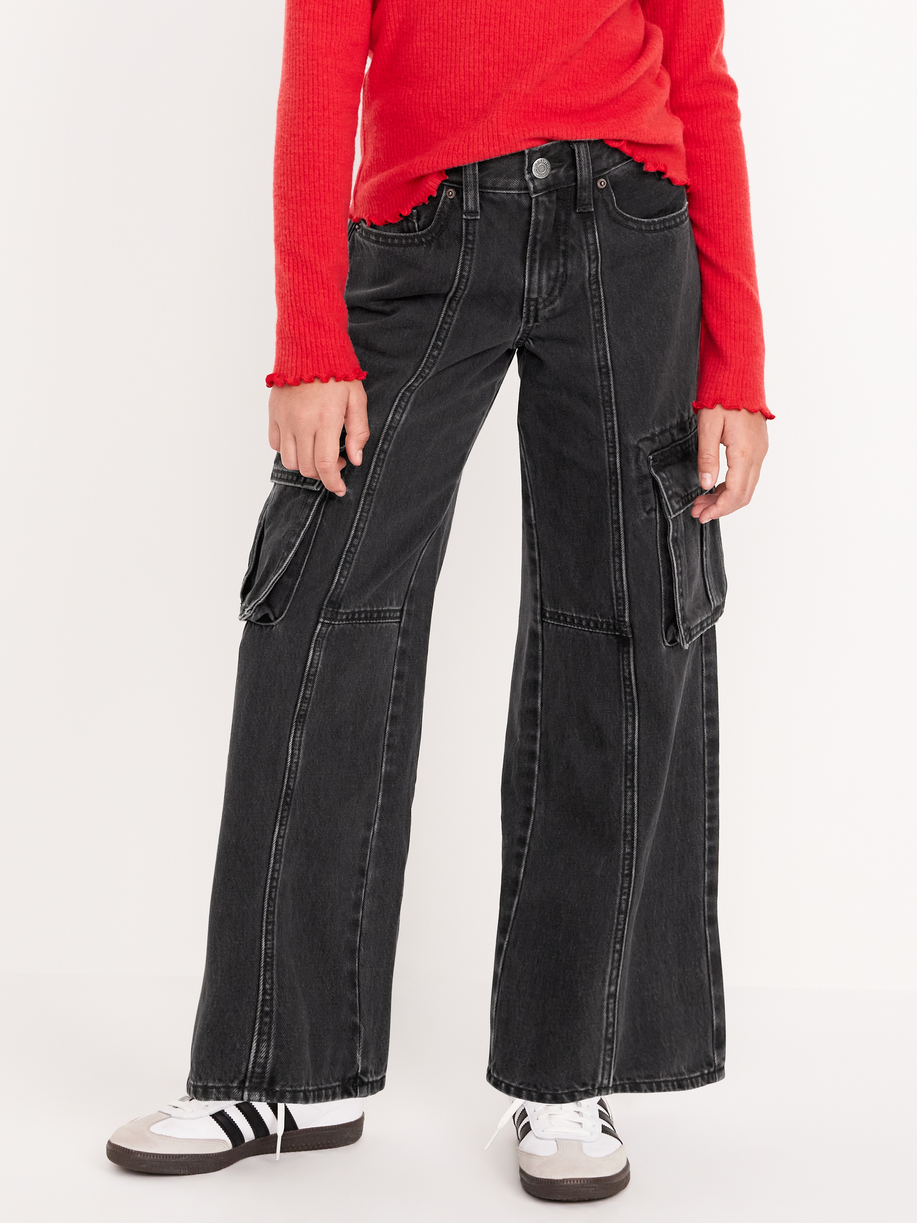 High-Waisted Super Baggy Wide-Leg Cargo Jeans for Girls - Black Wash - 1
