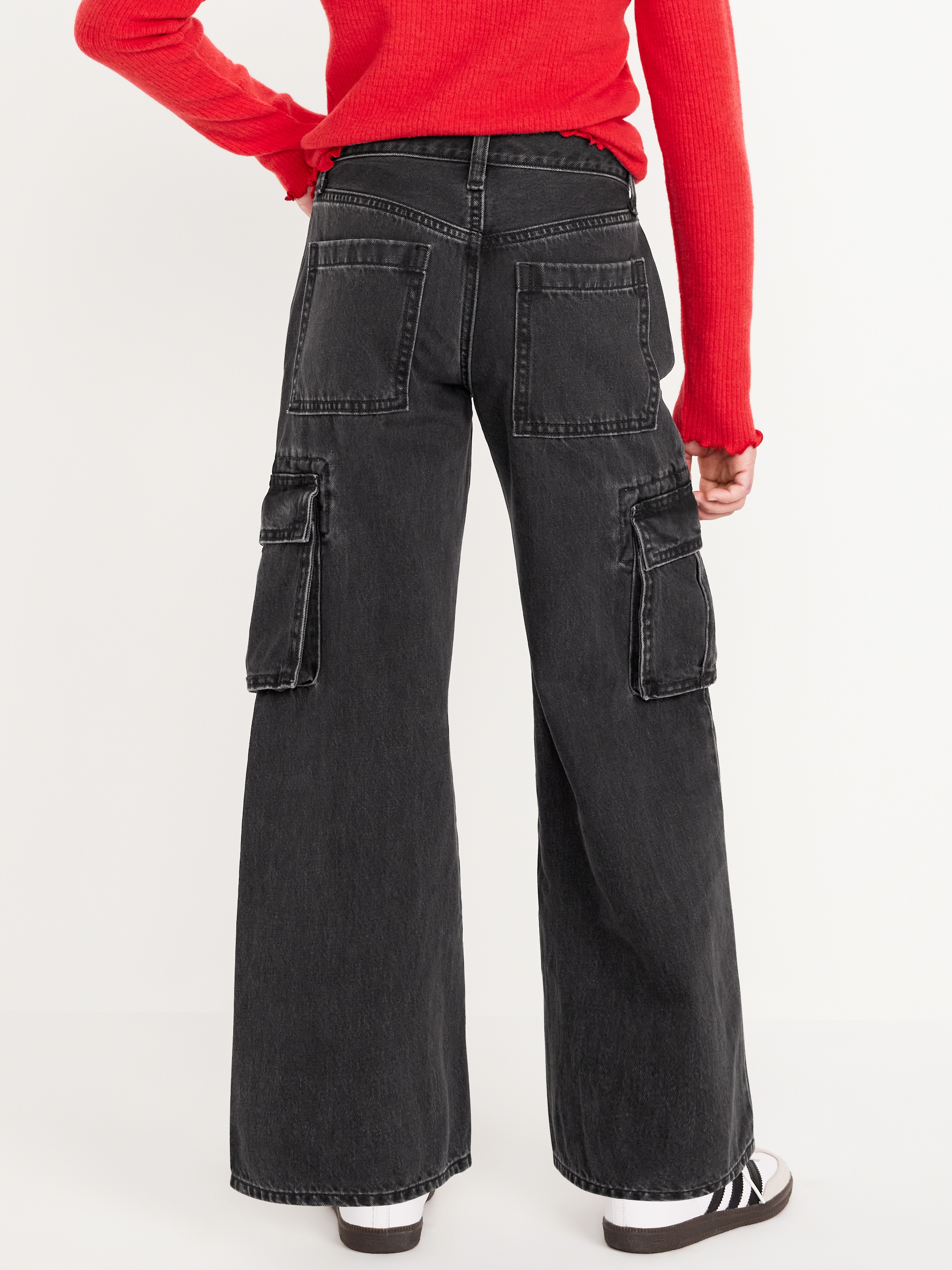 High-Waisted Super Baggy Wide-Leg Cargo Jeans for Girls - Black Wash - 2