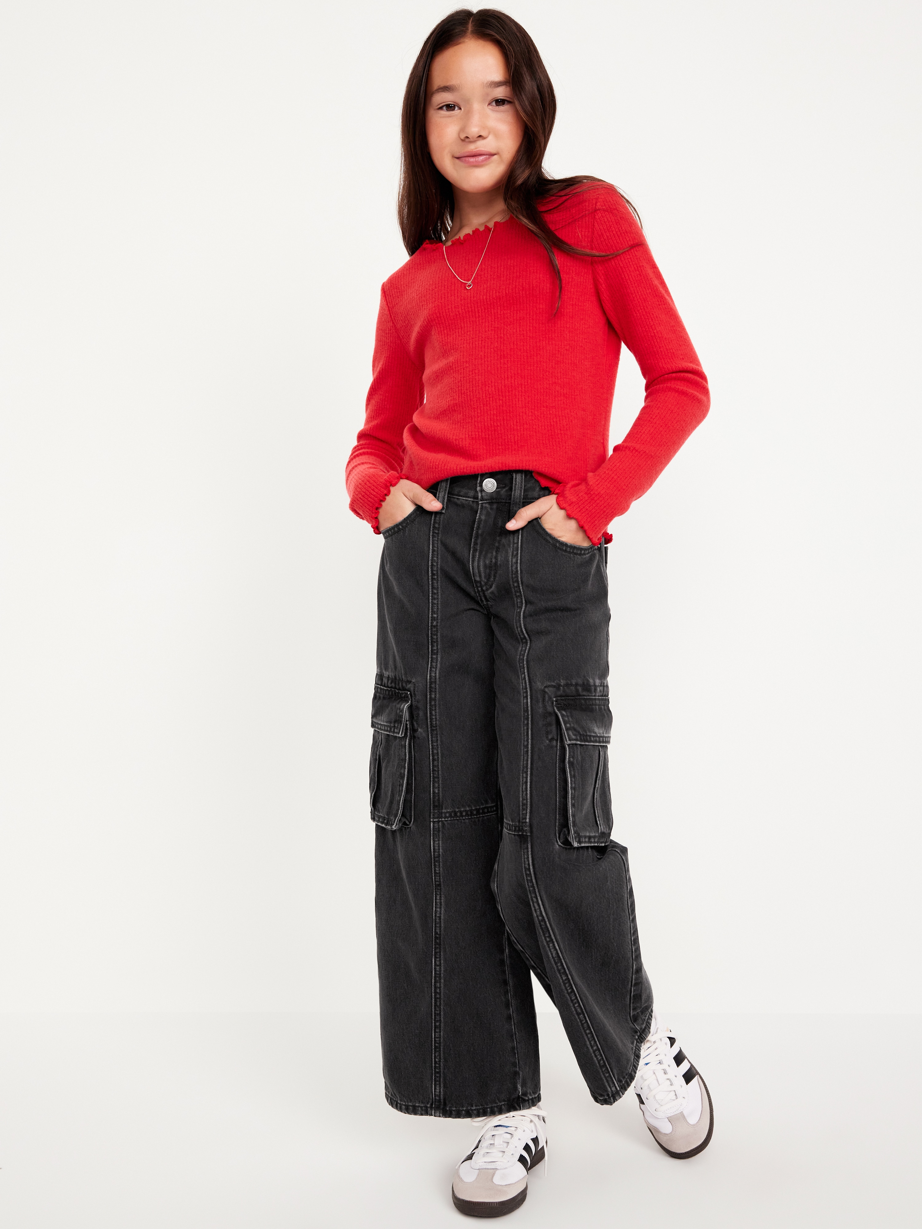 High-Waisted Super Baggy Wide-Leg Cargo Jeans for Girls - Black Wash - 3