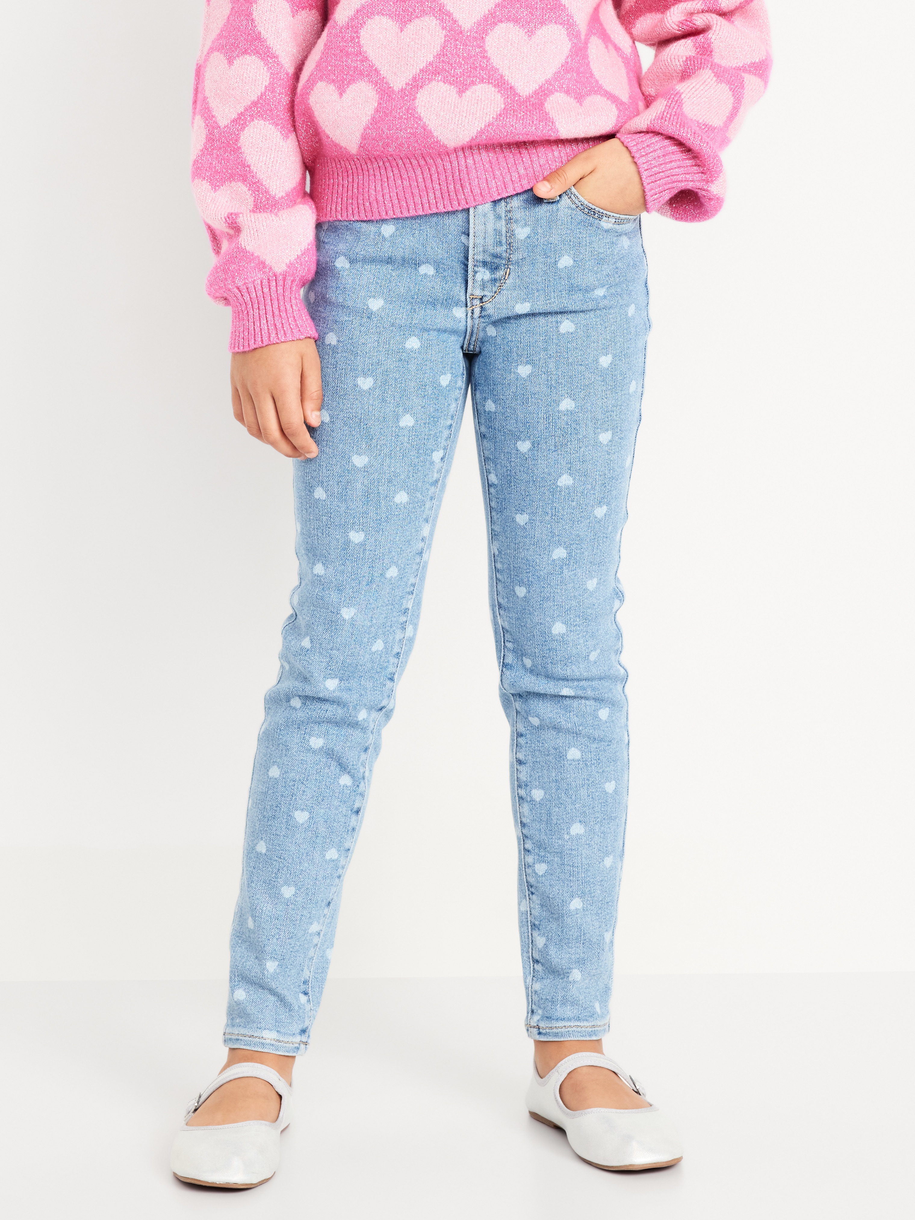 High-Waisted Embroidered Rockstar 360° Stretch Jeggings for Girls - Hearts - 1