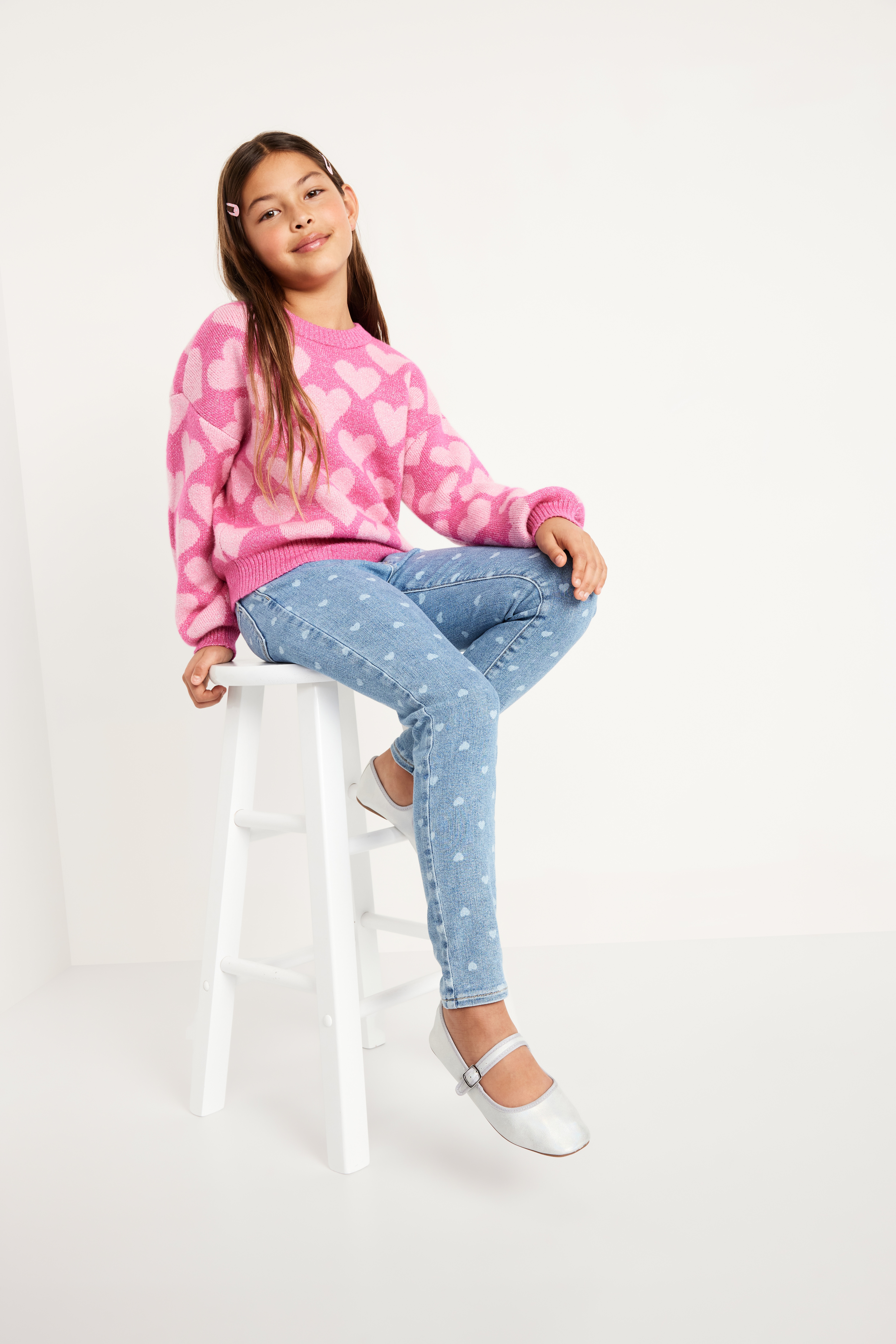 High-Waisted Embroidered Rockstar 360° Stretch Jeggings for Girls - Hearts - 3