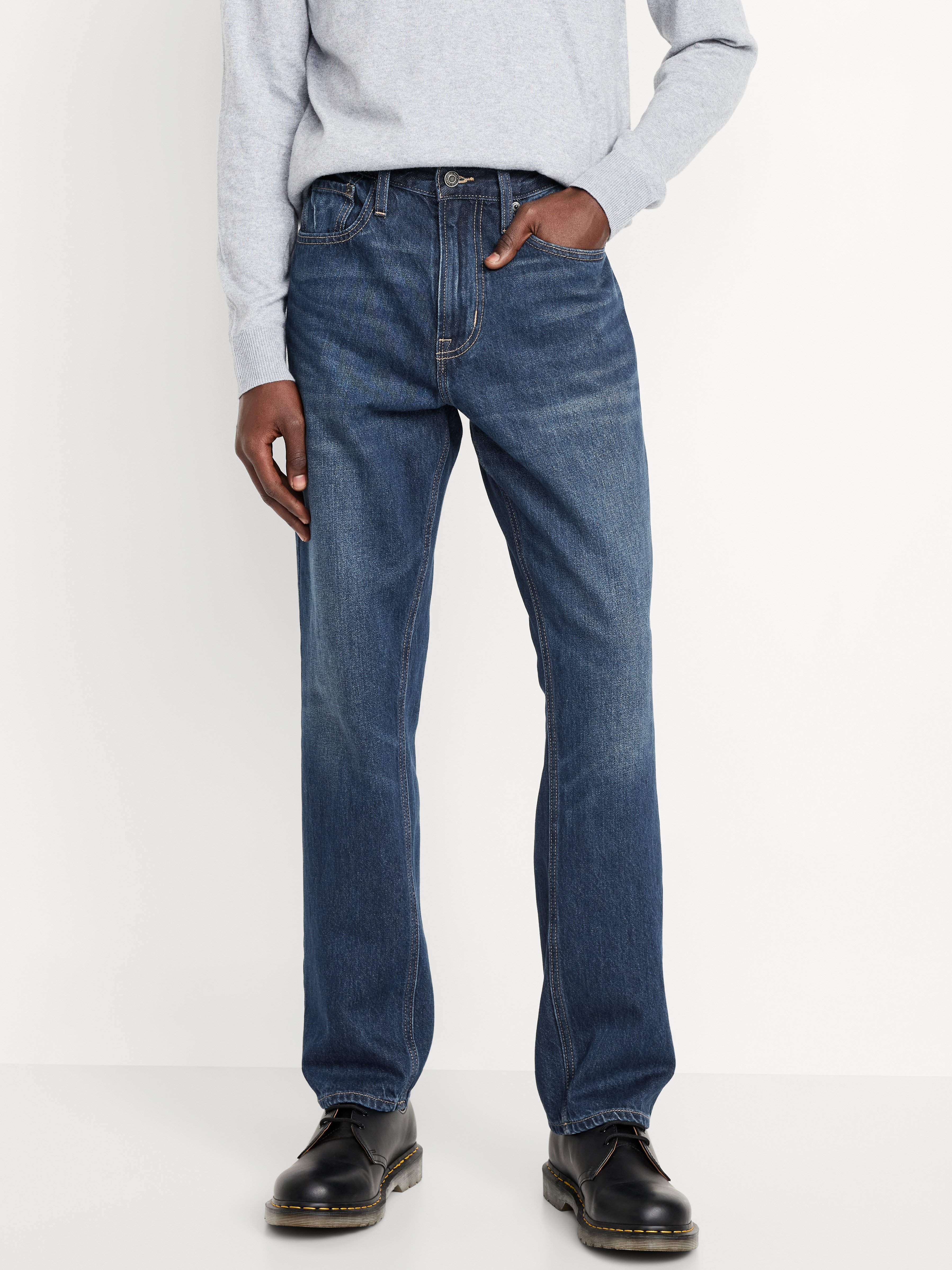 Structured Straight Non-Stretch Jeans - Dark Wash - 1