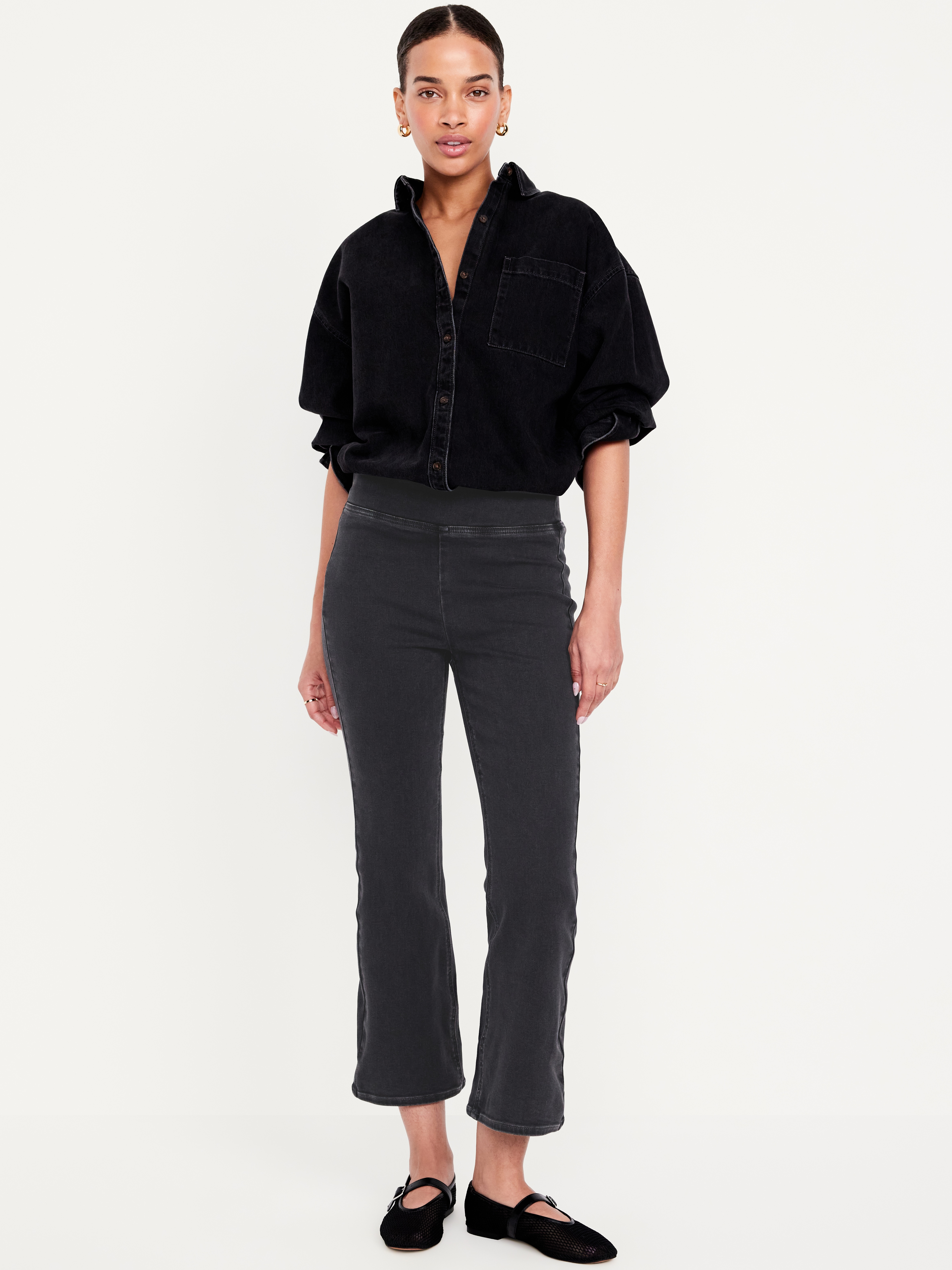 High-Waisted Weekender Pull-On Crop Flare Jeans - Dark Gray - 1