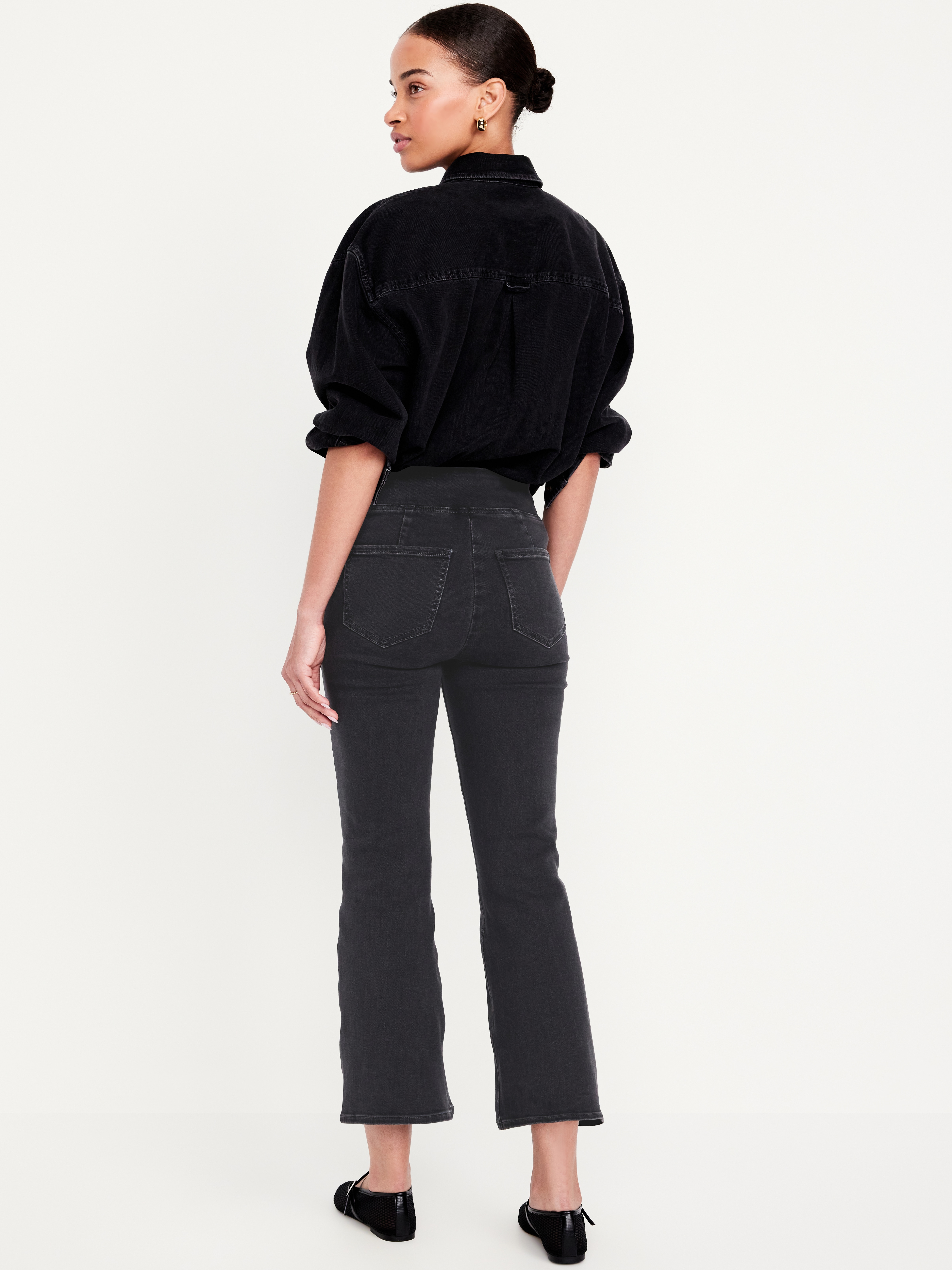 High-Waisted Weekender Pull-On Crop Flare Jeans - Dark Gray - 3