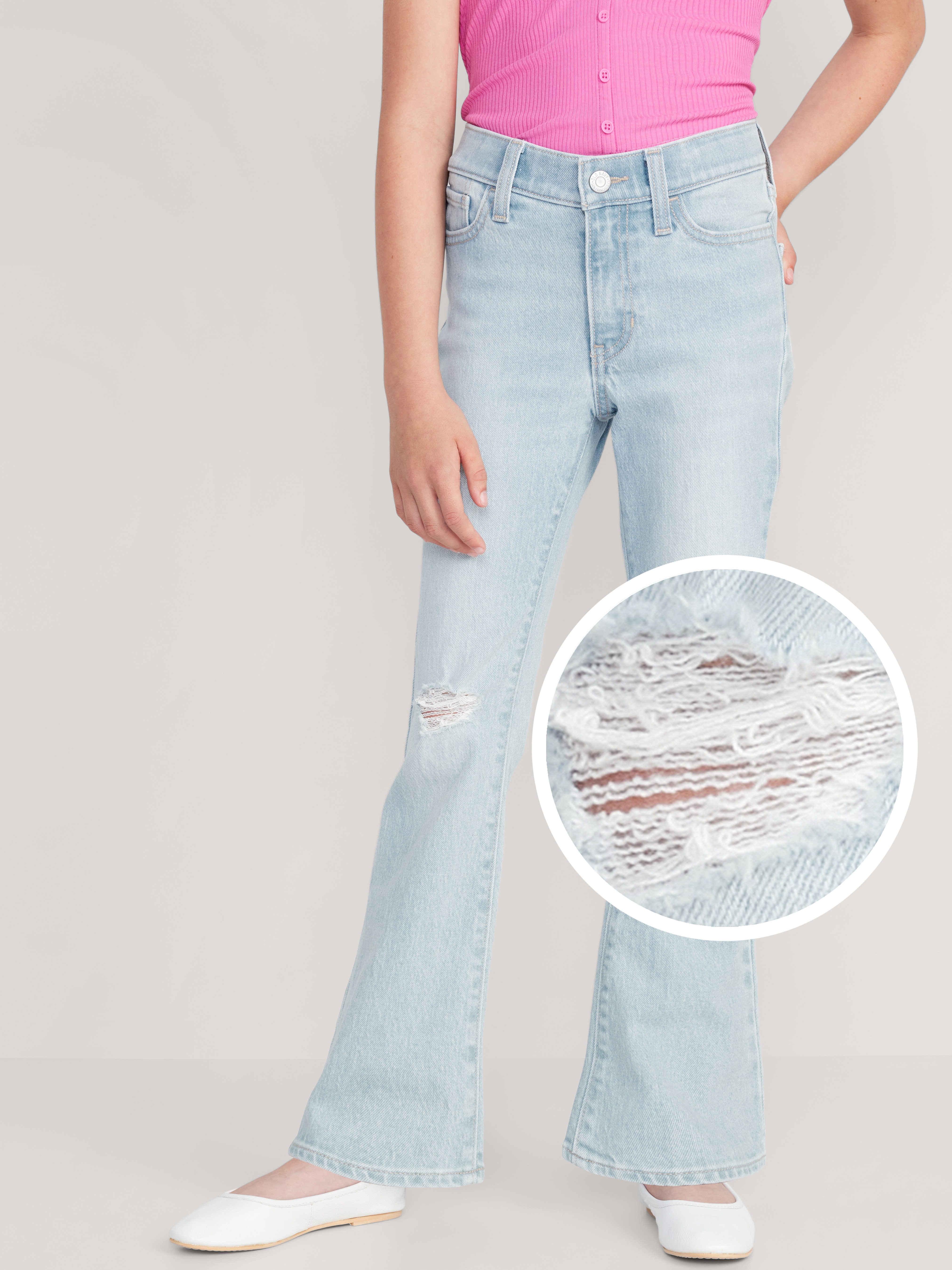 Printed High-Waisted Flare-Leg Jeans for Girls - Light Wash - 1