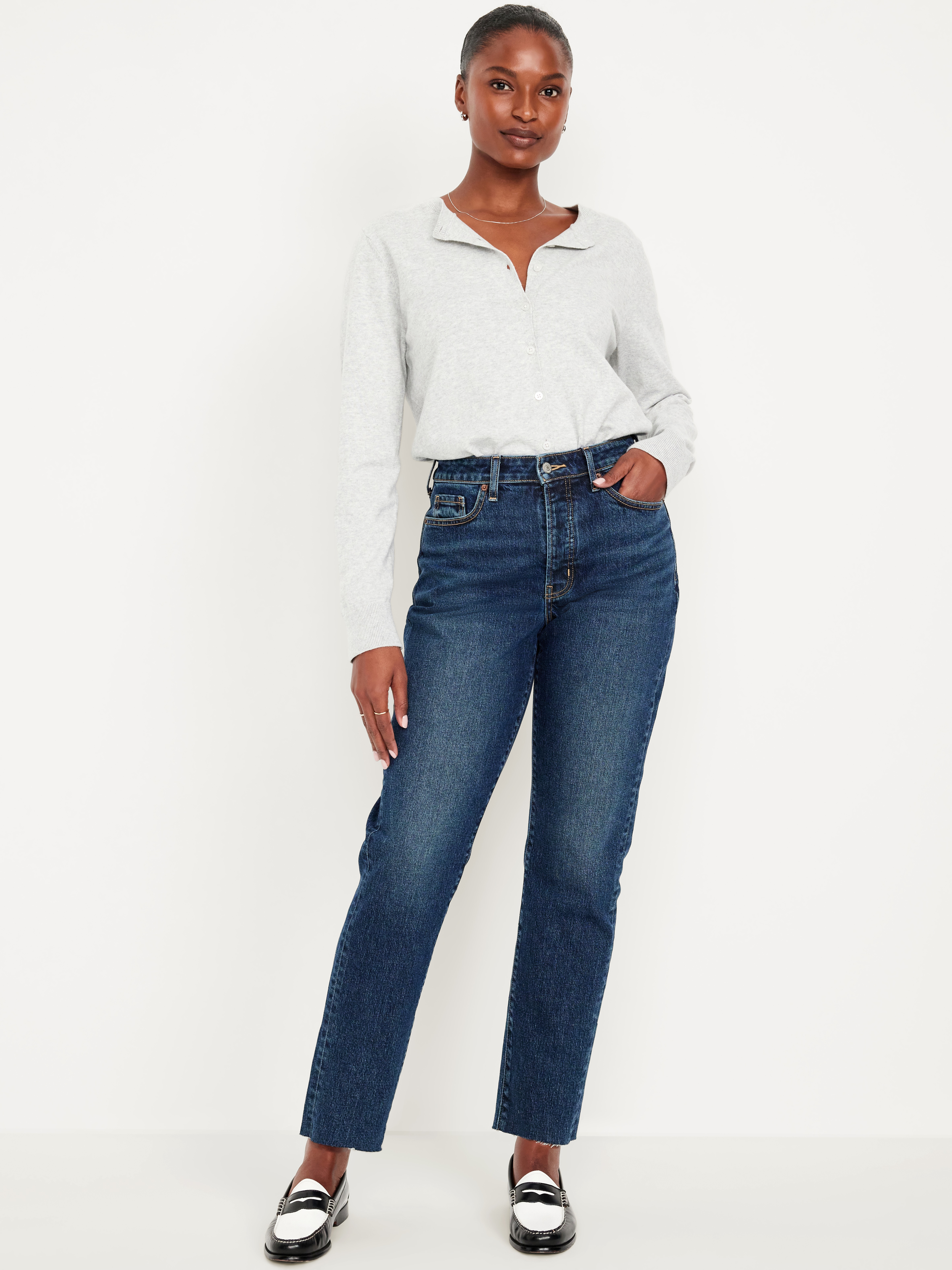 Curvy High-Waisted OG Straight Ankle Jeans - Dark Wash Cutoff - 1