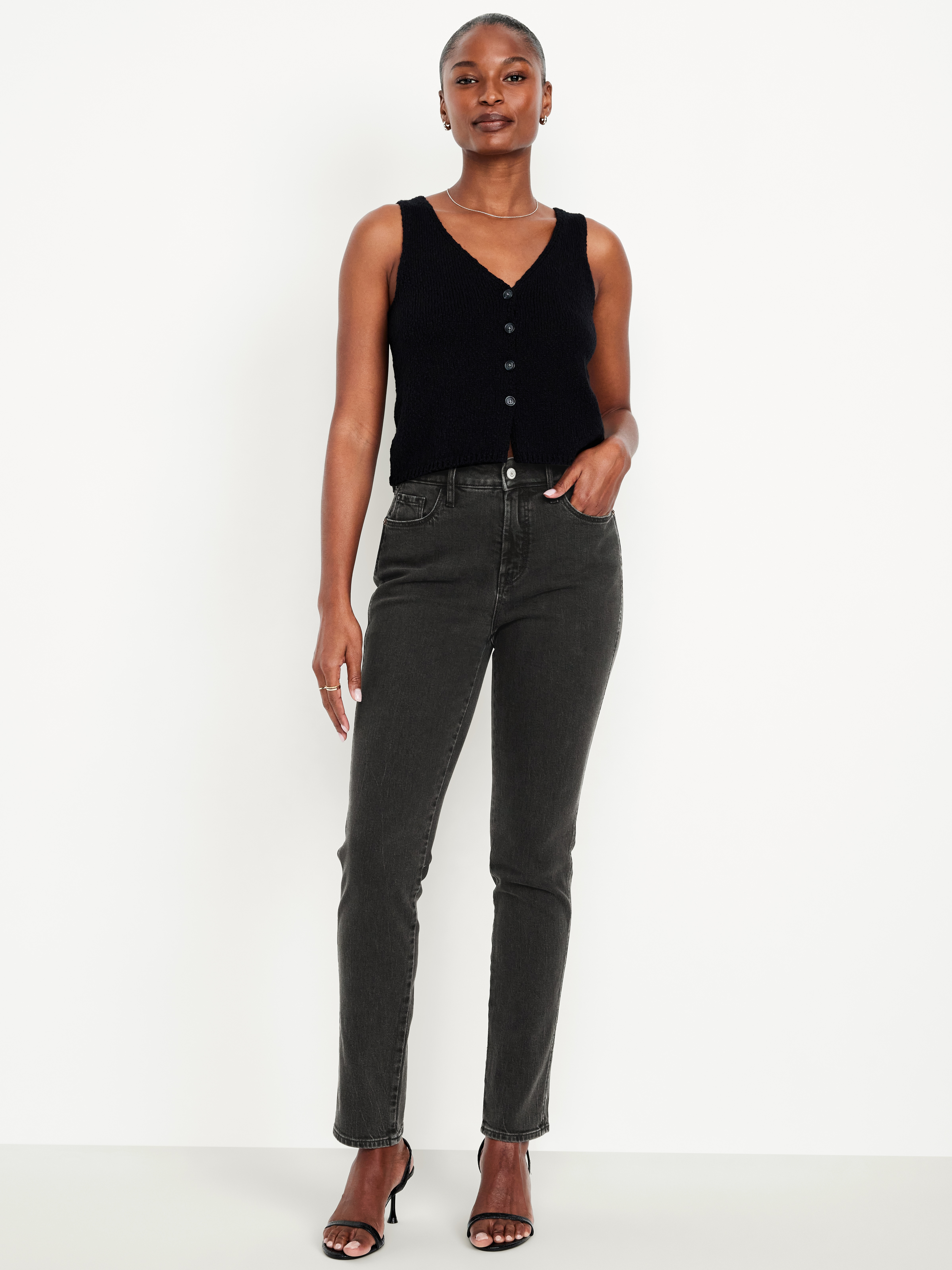 Curvy High-Waisted Vintage Slim Jeans - Faded Black Wash - 1