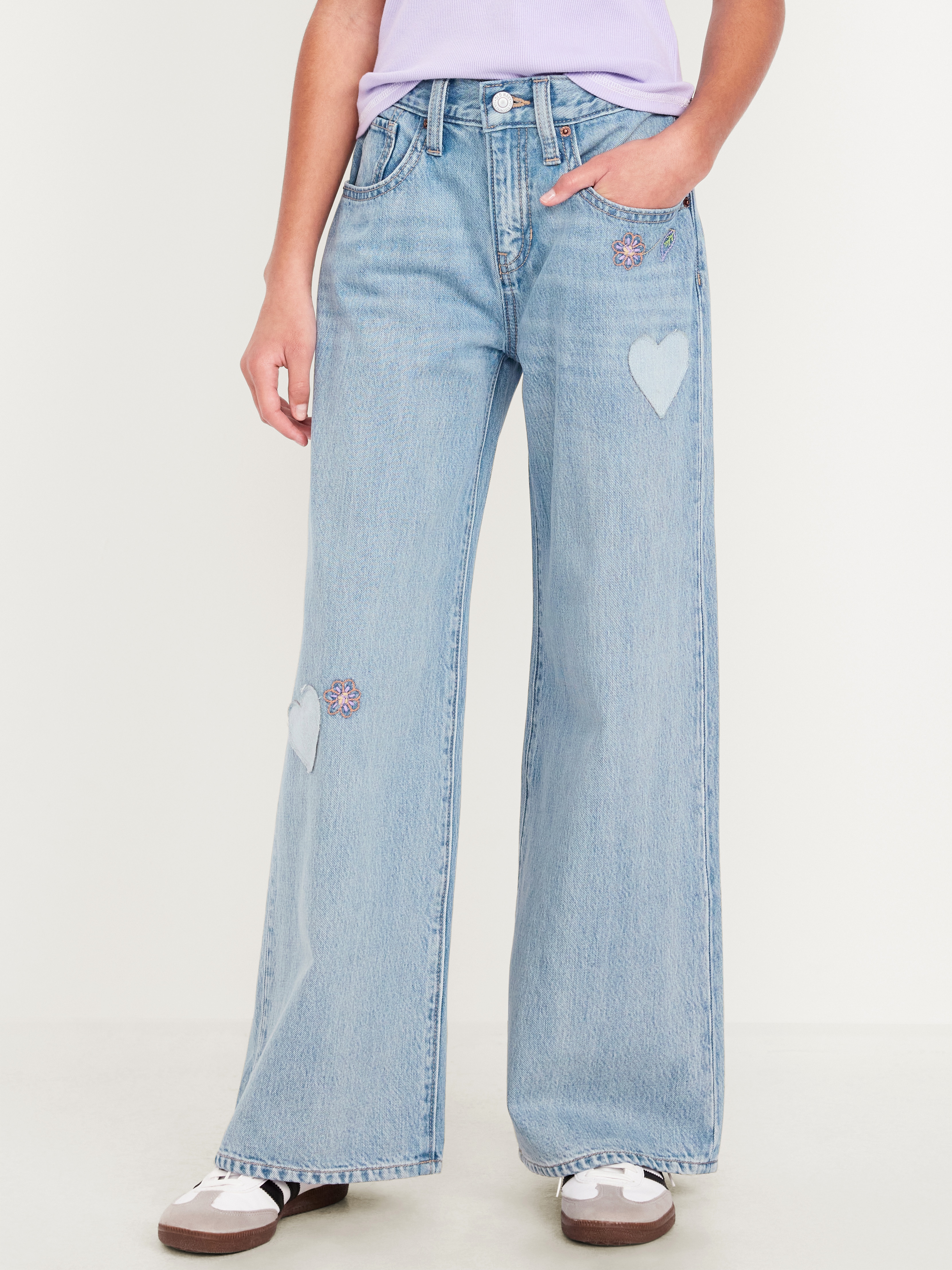 Super Baggy Wide-Leg Embroidered Jeans for Girls - Light Wash - 1