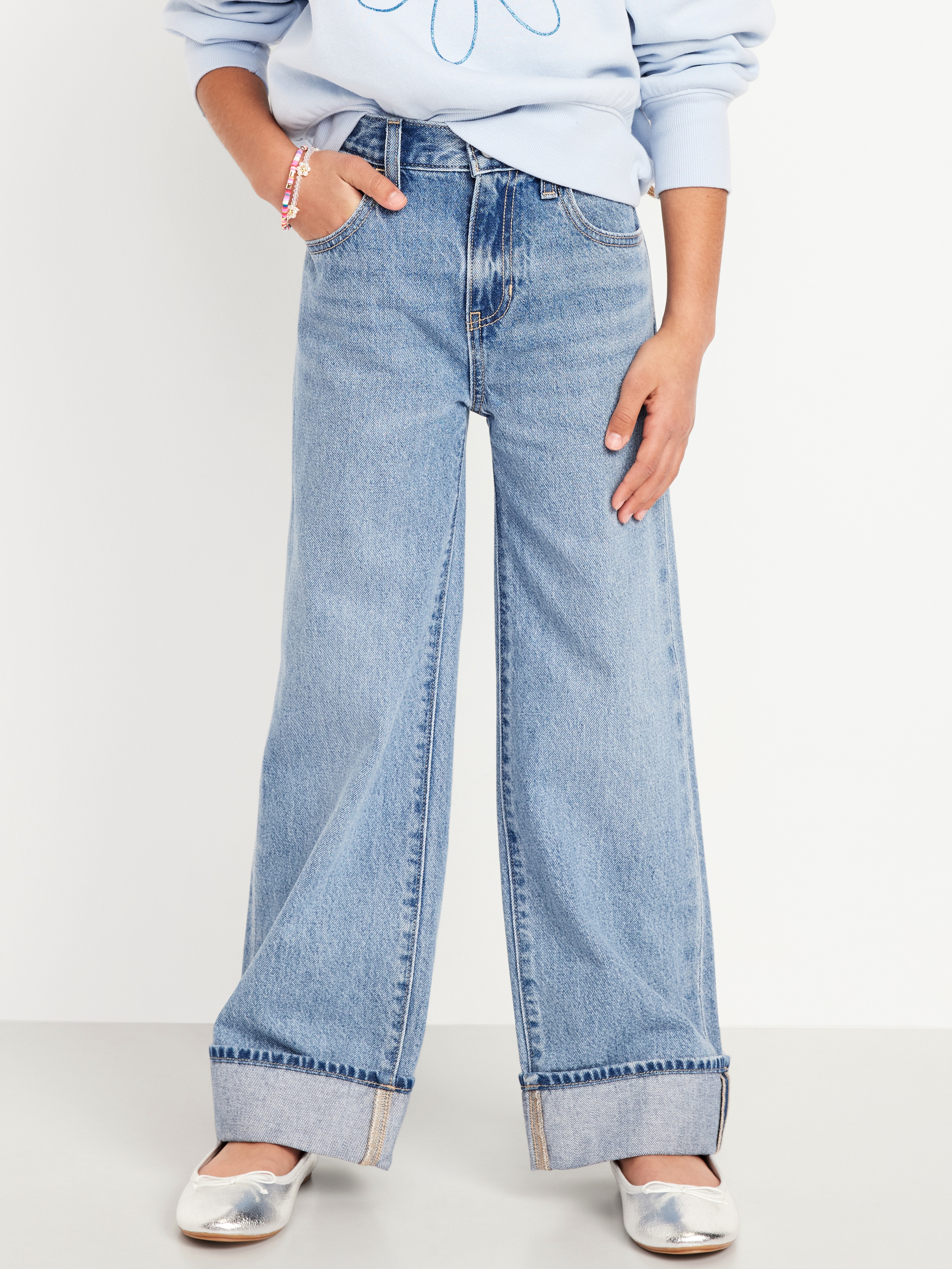 Printed High-Waisted Baggy Wide-Leg Jeans for Girls - Seascape (Light Wash) - 1