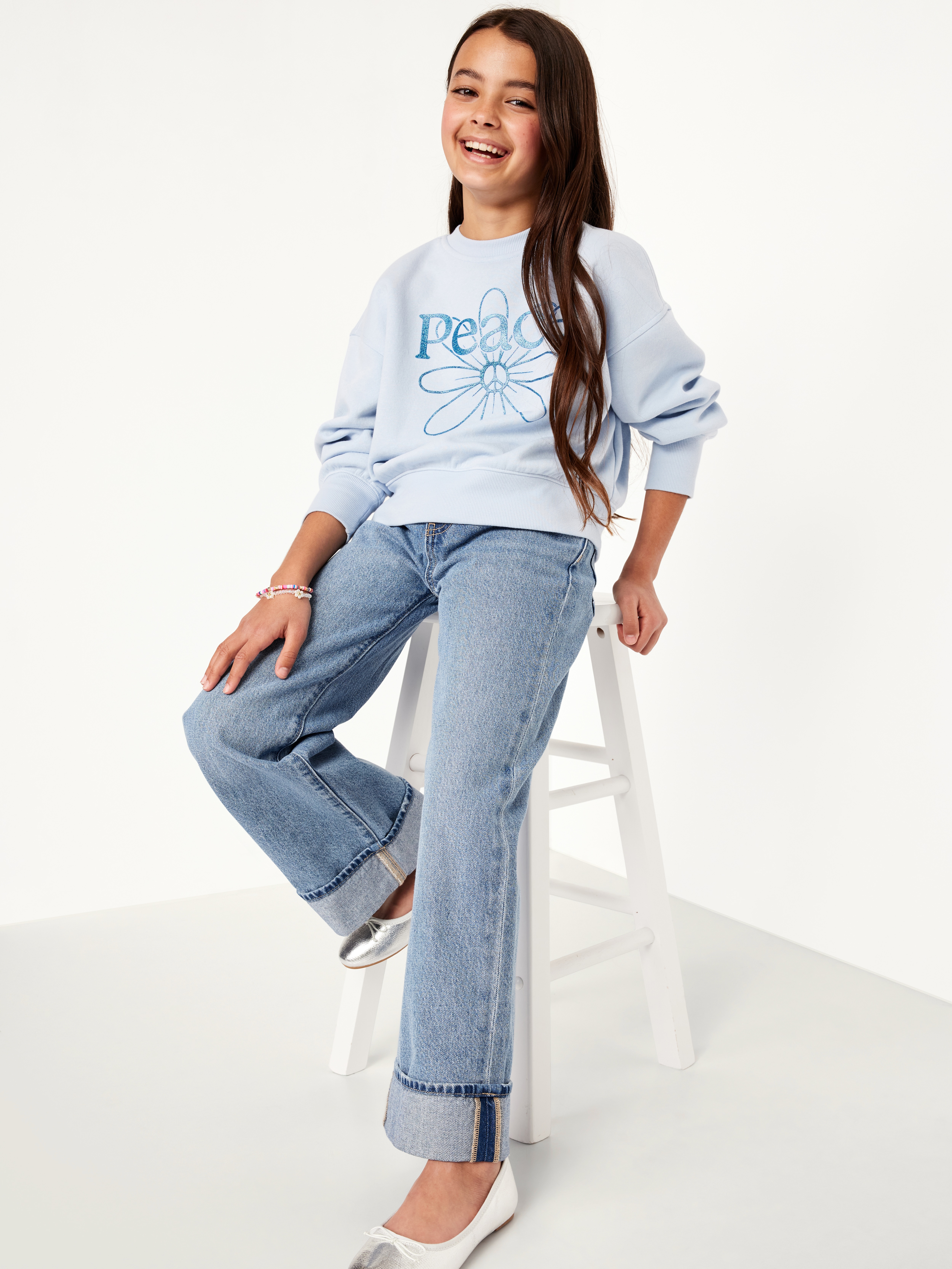 Printed High-Waisted Baggy Wide-Leg Jeans for Girls - Seascape (Light Wash) - 3