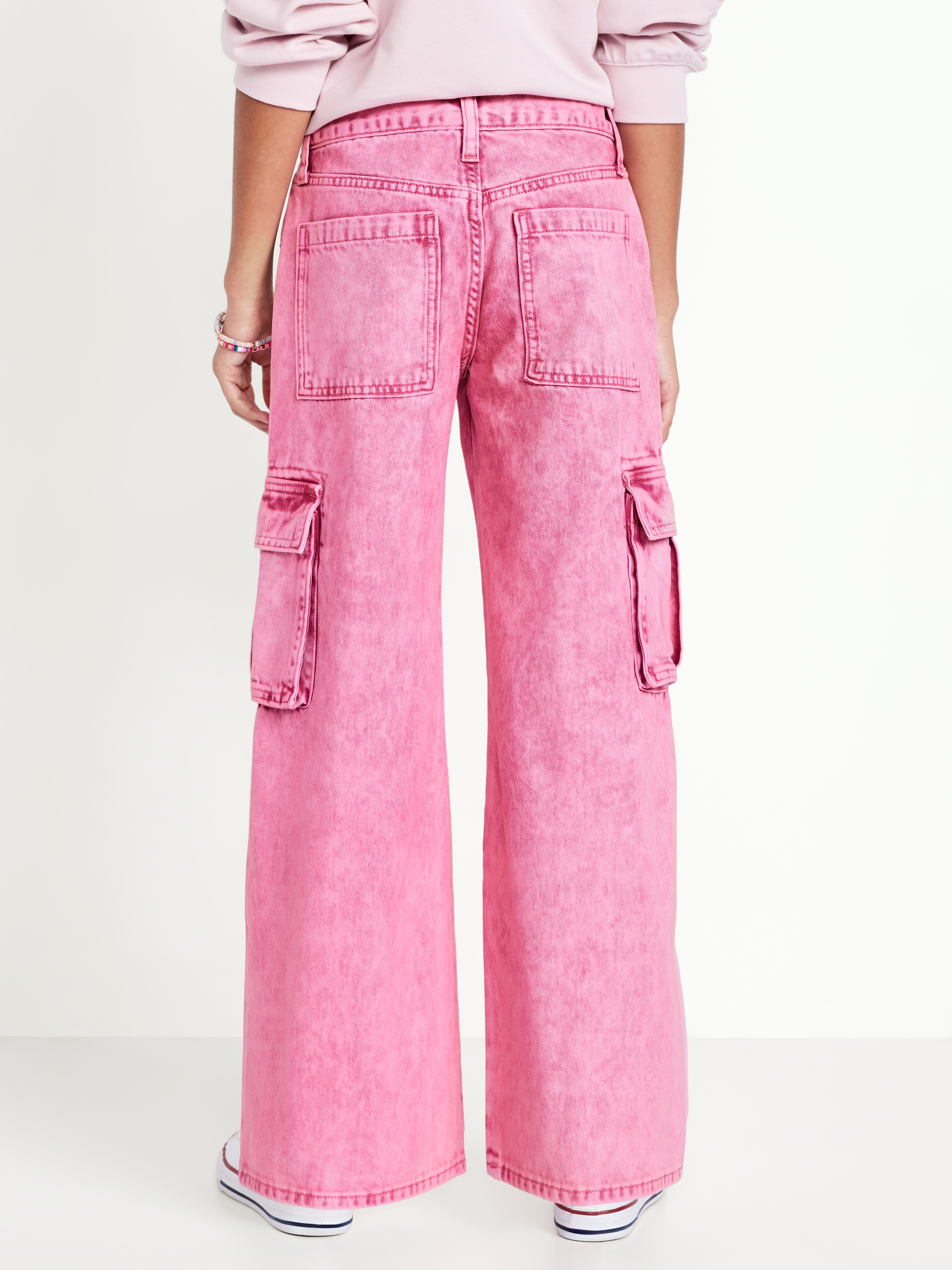 High-Waisted Super Baggy Wide-Leg Cargo Jeans for Girls - Pink Clover - 2