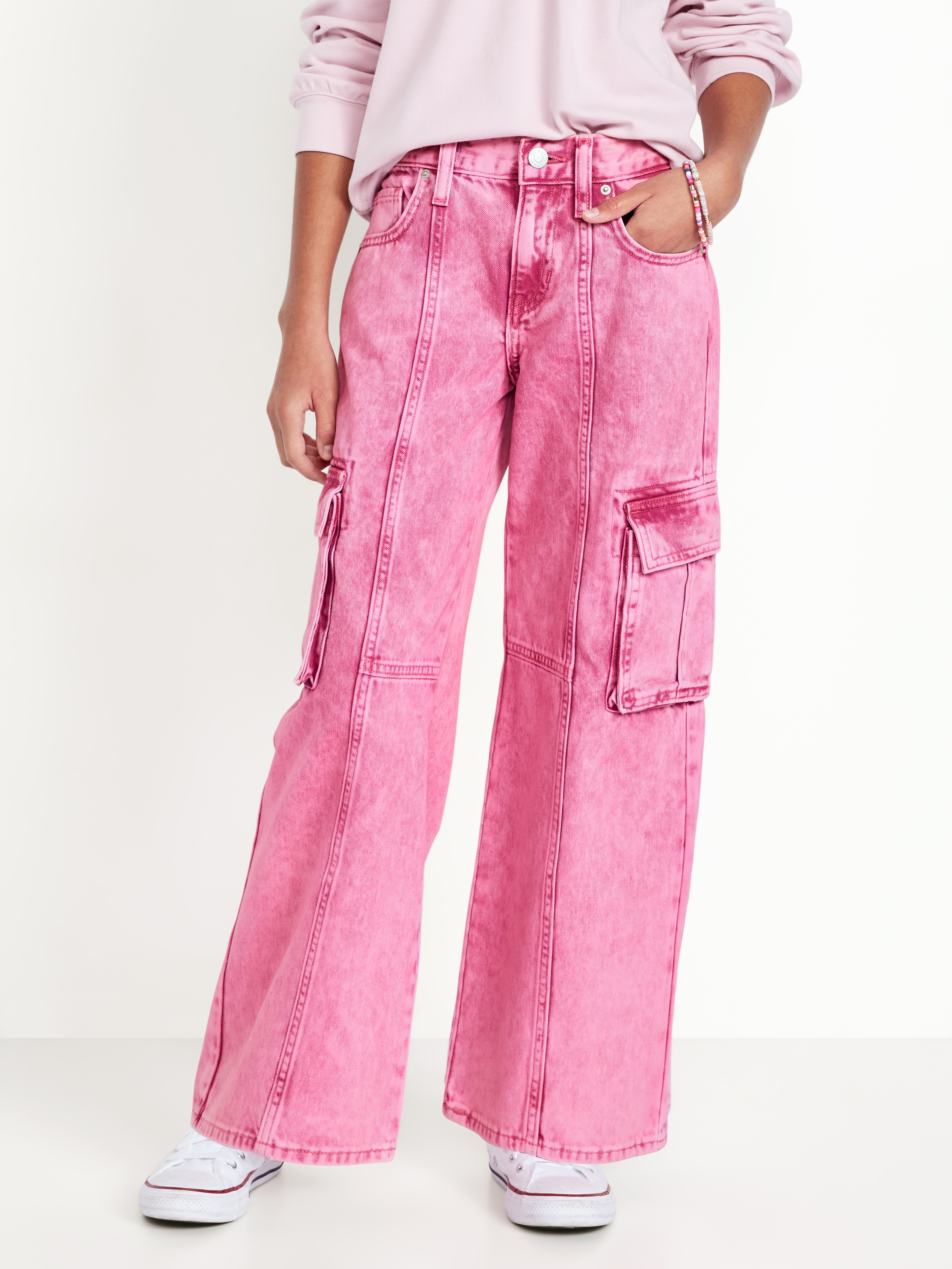 High-Waisted Super Baggy Wide-Leg Cargo Jeans for Girls - Pink Clover - 1