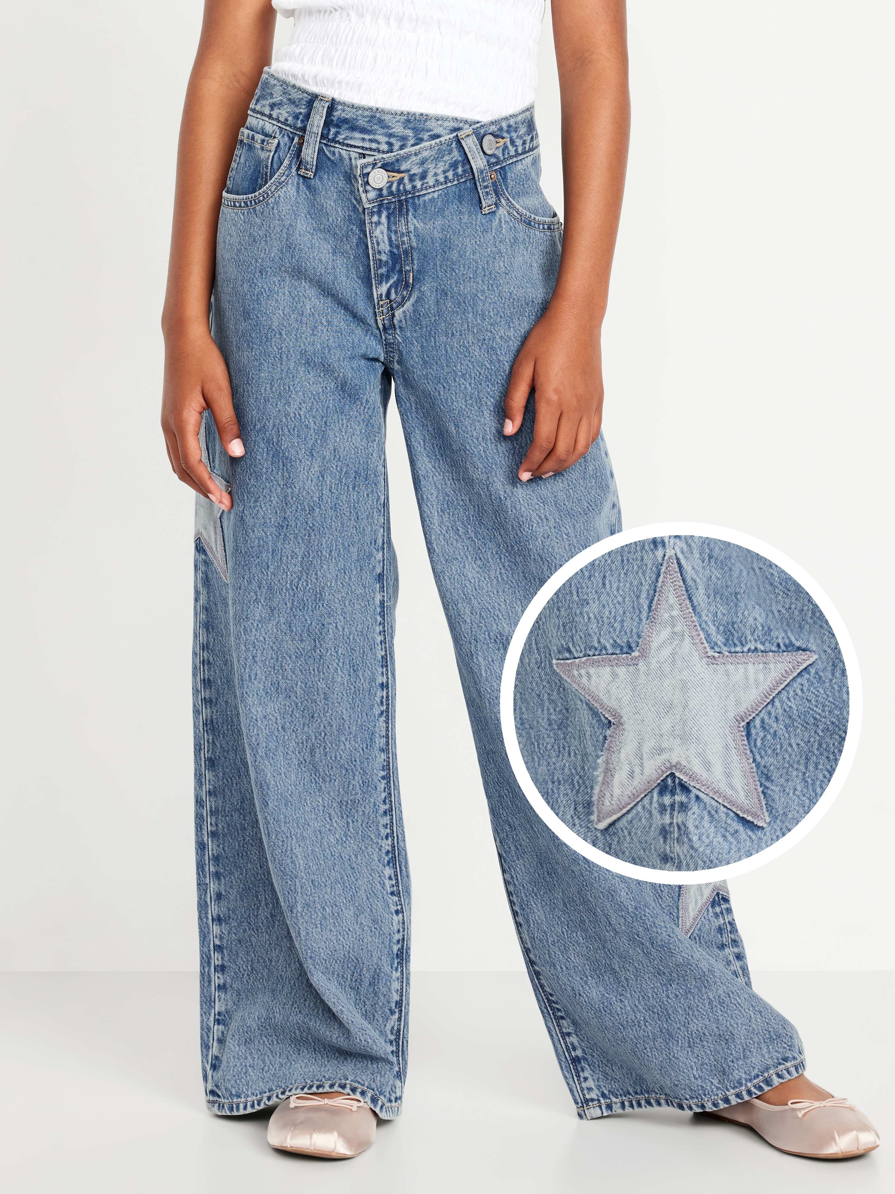 Super Baggy Wide-Leg Embroidered Jeans for Girls - Denim Star - 1