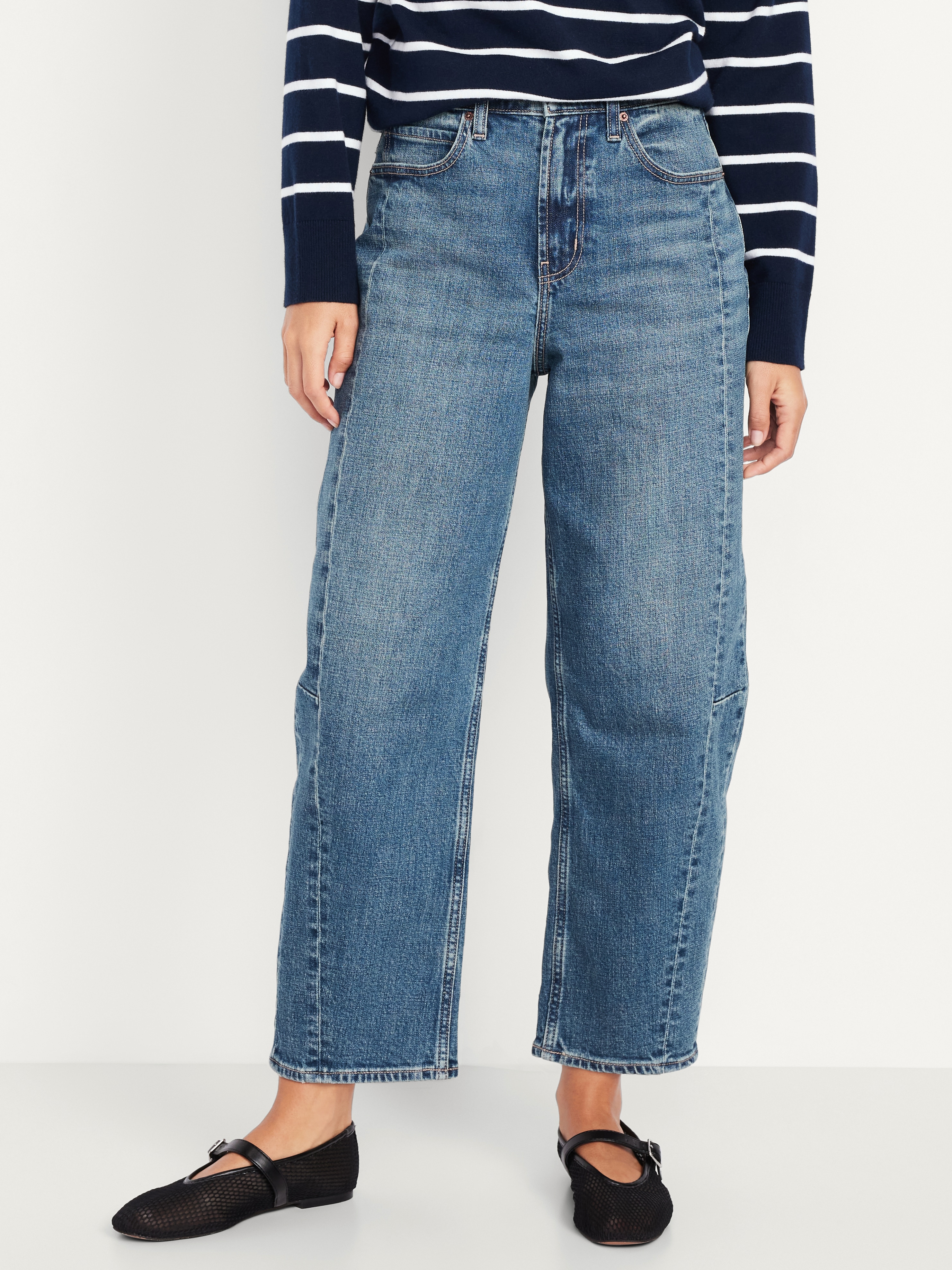 High-Waisted Baggy Barrel Ankle Jeans - Medium Wash - 2