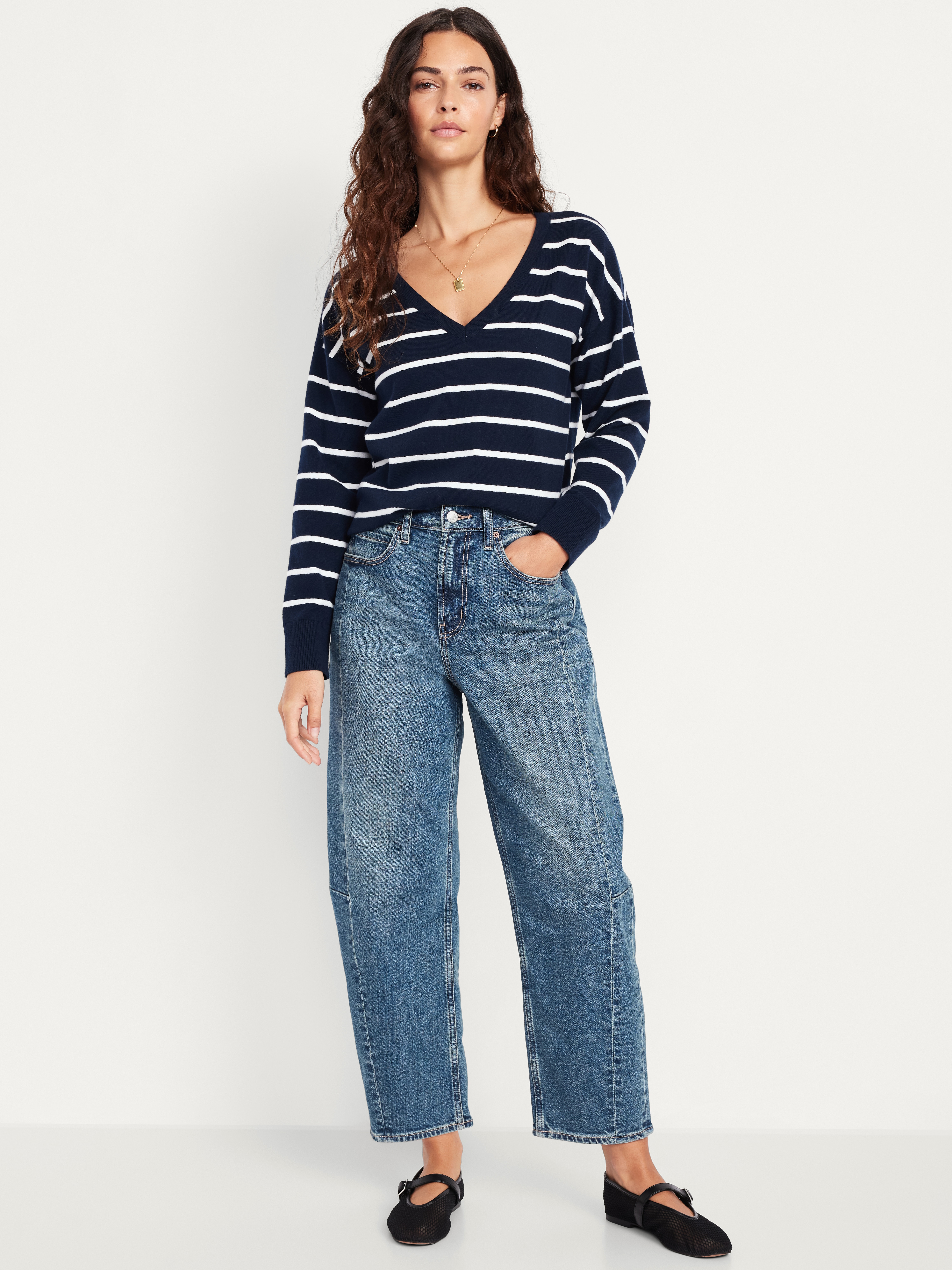 High-Waisted Baggy Barrel Ankle Jeans - Medium Wash - 1