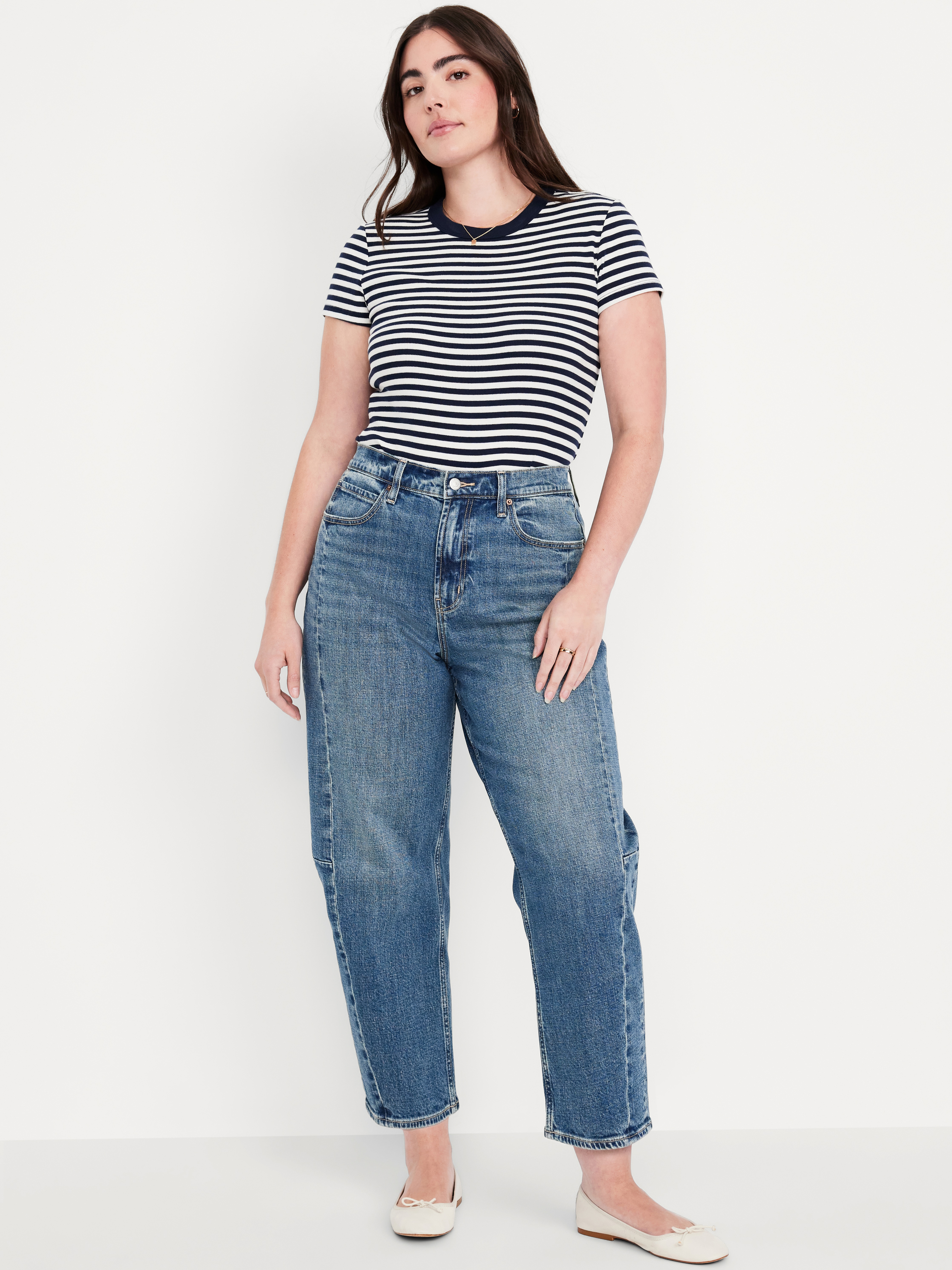 High-Waisted Baggy Barrel Ankle Jeans - Medium Wash - 5