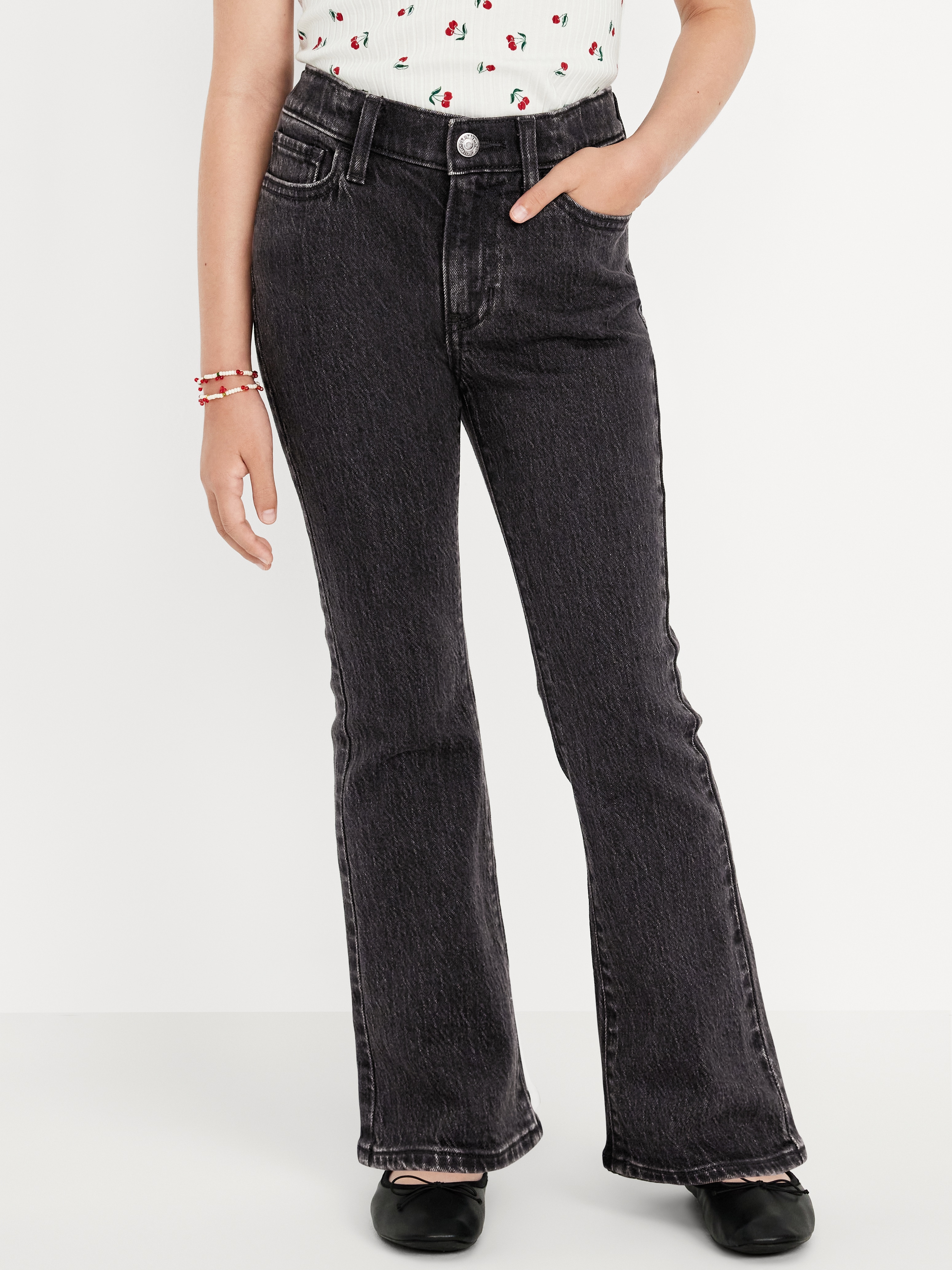Printed High-Waisted Flare-Leg Jeans for Girls - Black Wash - 1