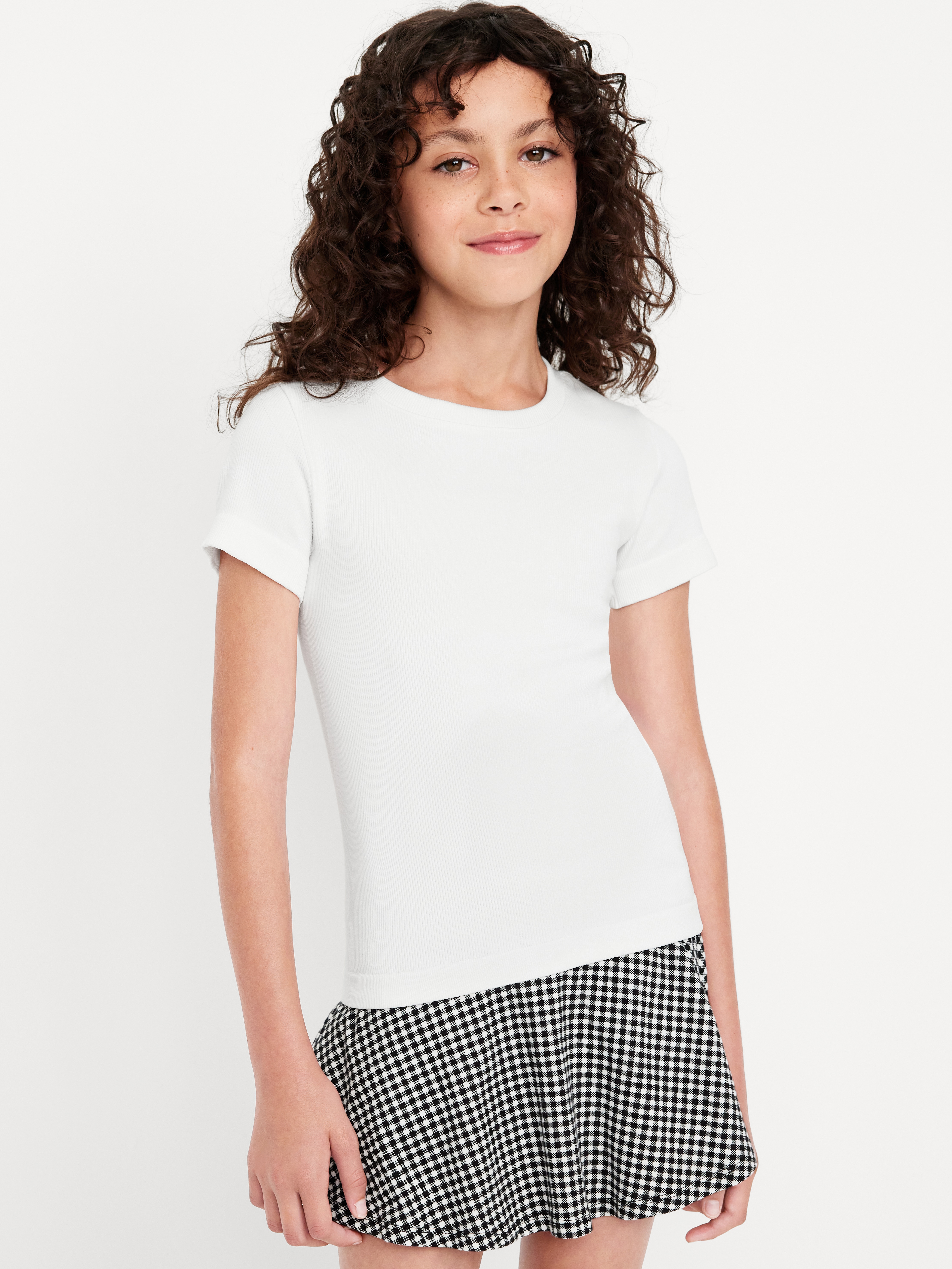 Fitted Seamless Ribbed Performance Top for Girls - White Lilies - 1