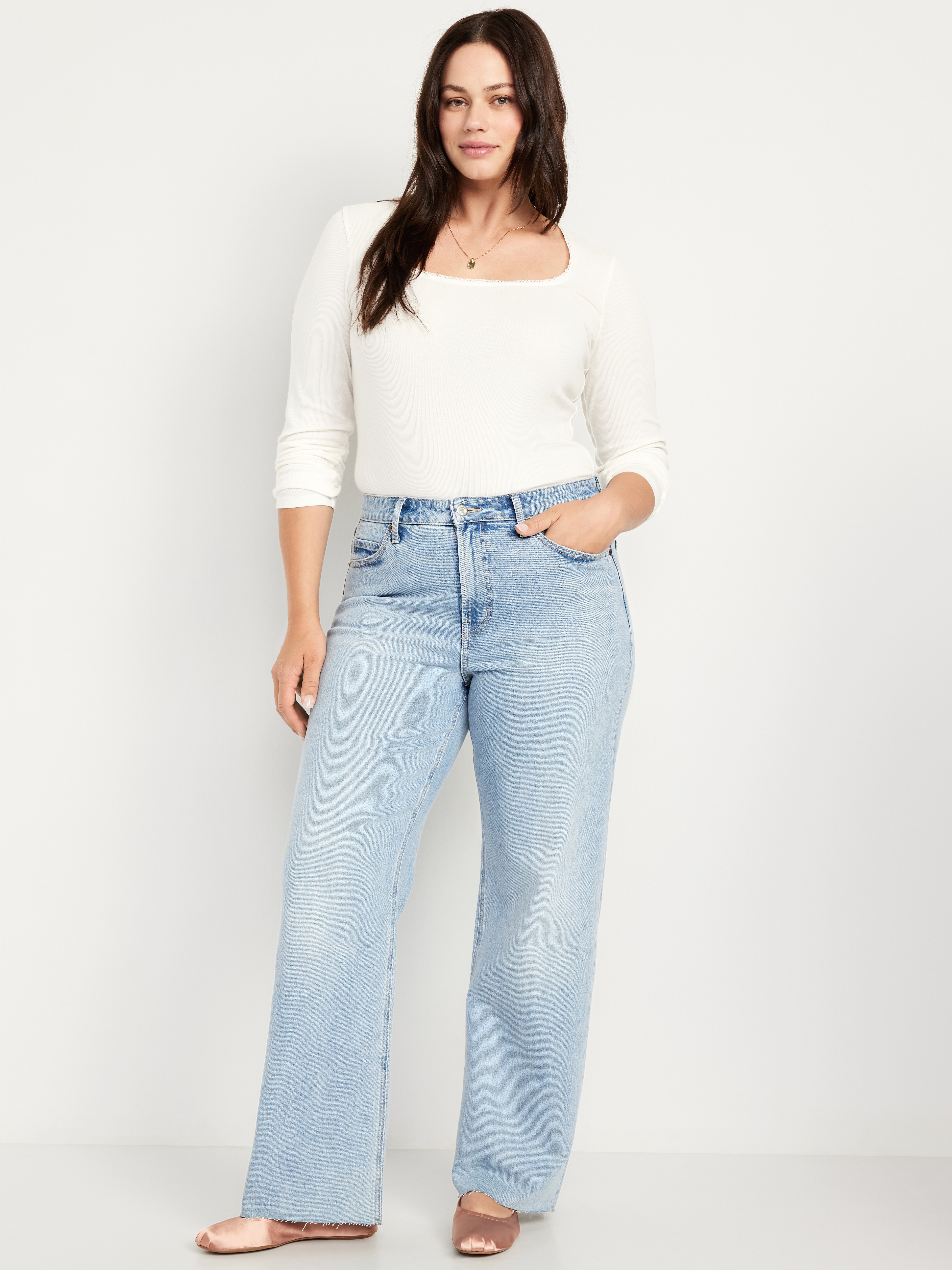 Curvy Extra High-Waisted Wide-Leg Jeans - Light Indigo Cutoff - 5