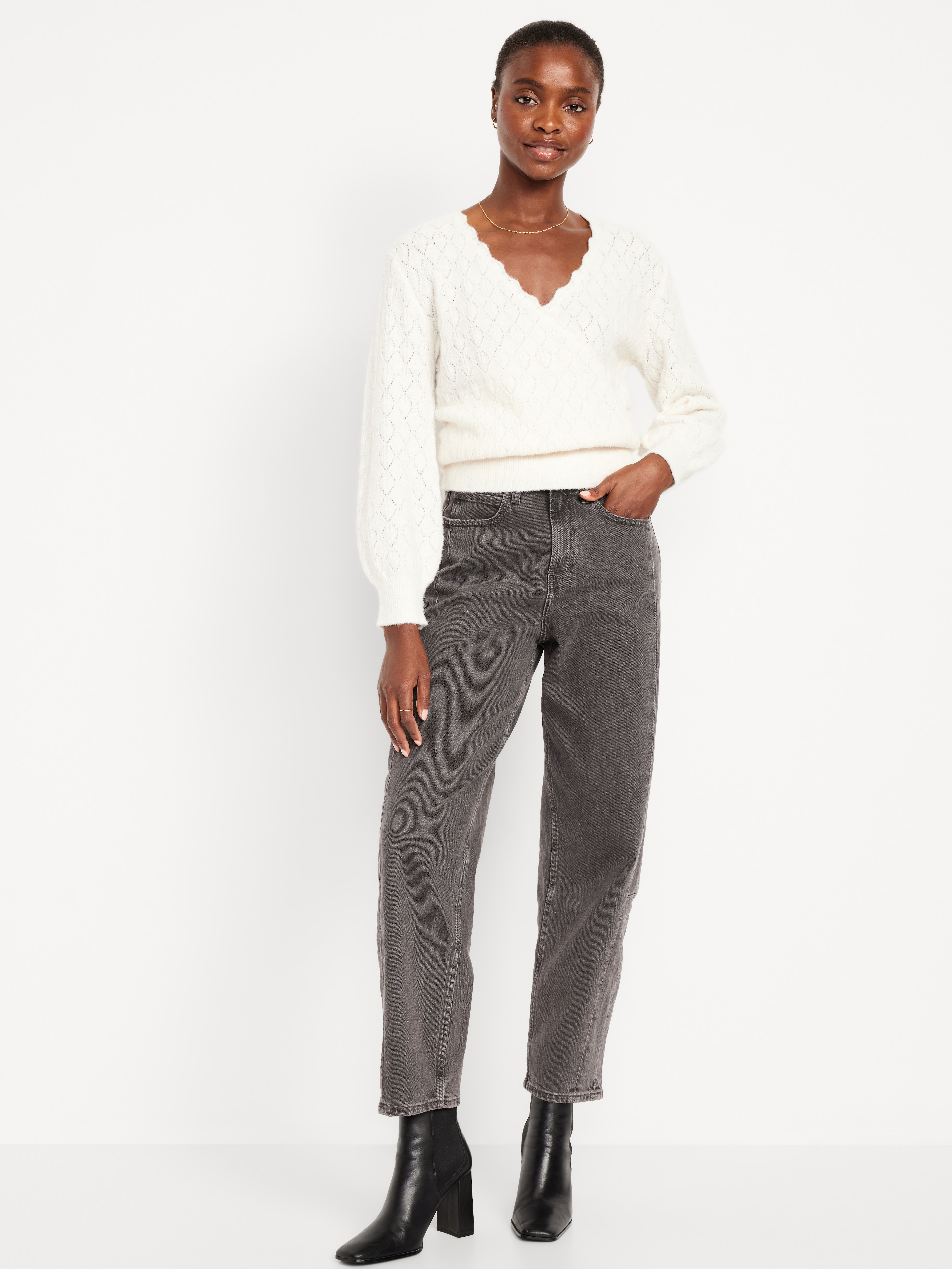 High-Waisted Baggy Barrel Ankle Jeans - Gray Wash - 1