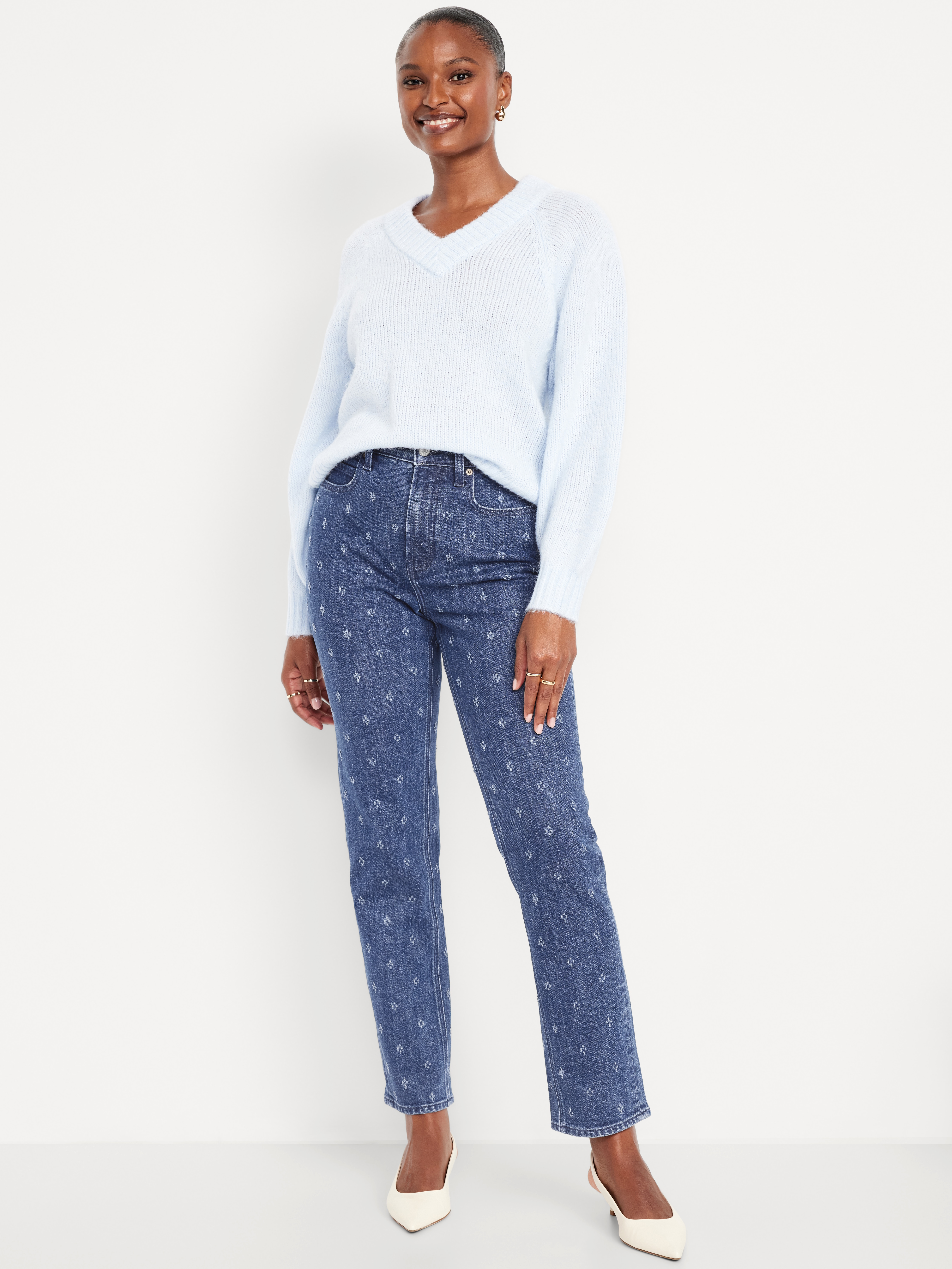 Curvy Extra High-Waisted Straight Jeans - Textured Dark Wash - 1