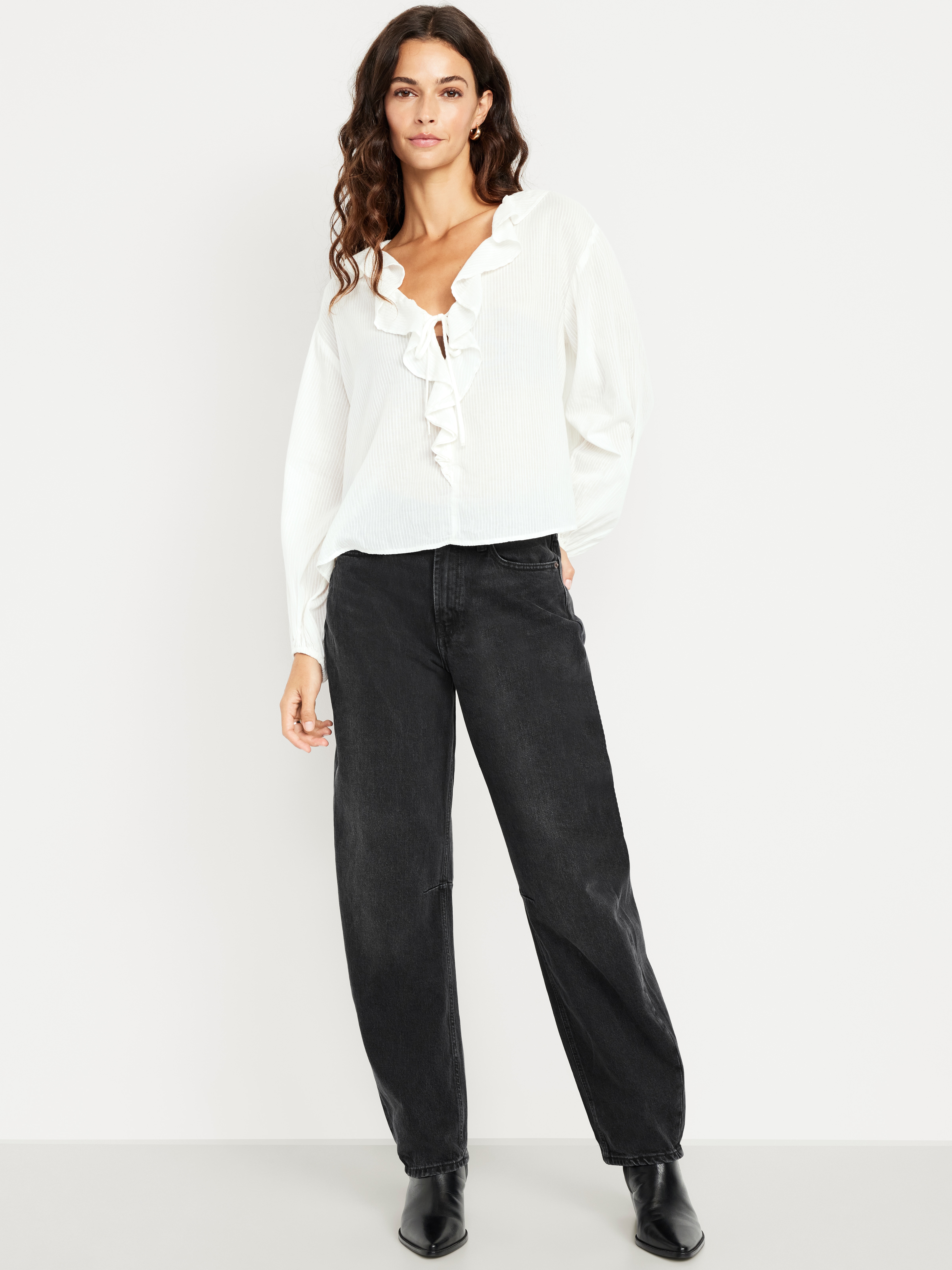 High-Waisted Baggy Barrel Jeans - Black Wash - 1