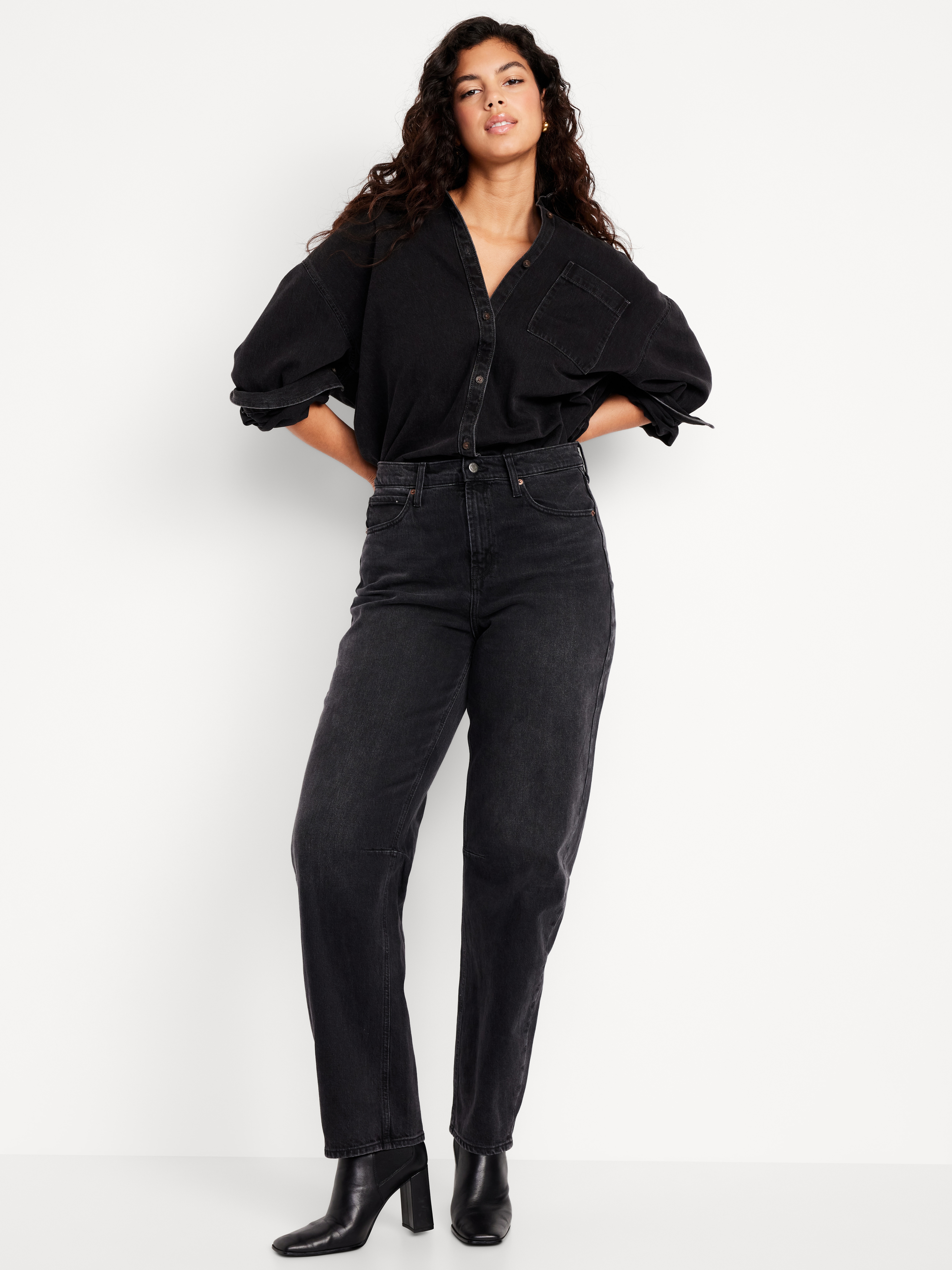 High-Waisted Baggy Barrel Jeans - Black Wash - 5