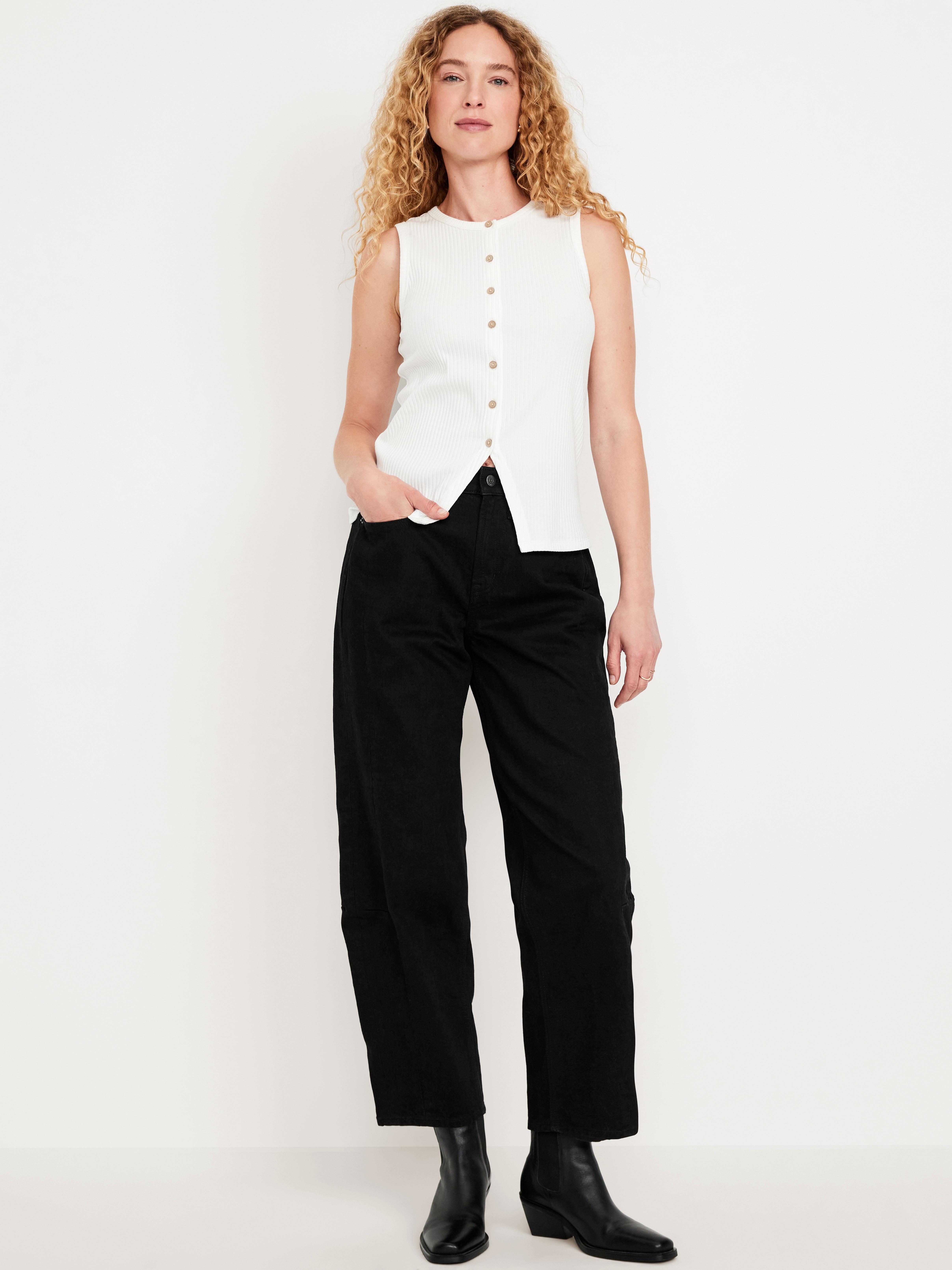 High-Waisted Baggy Barrel Ankle Jeans - Black Wash - 1