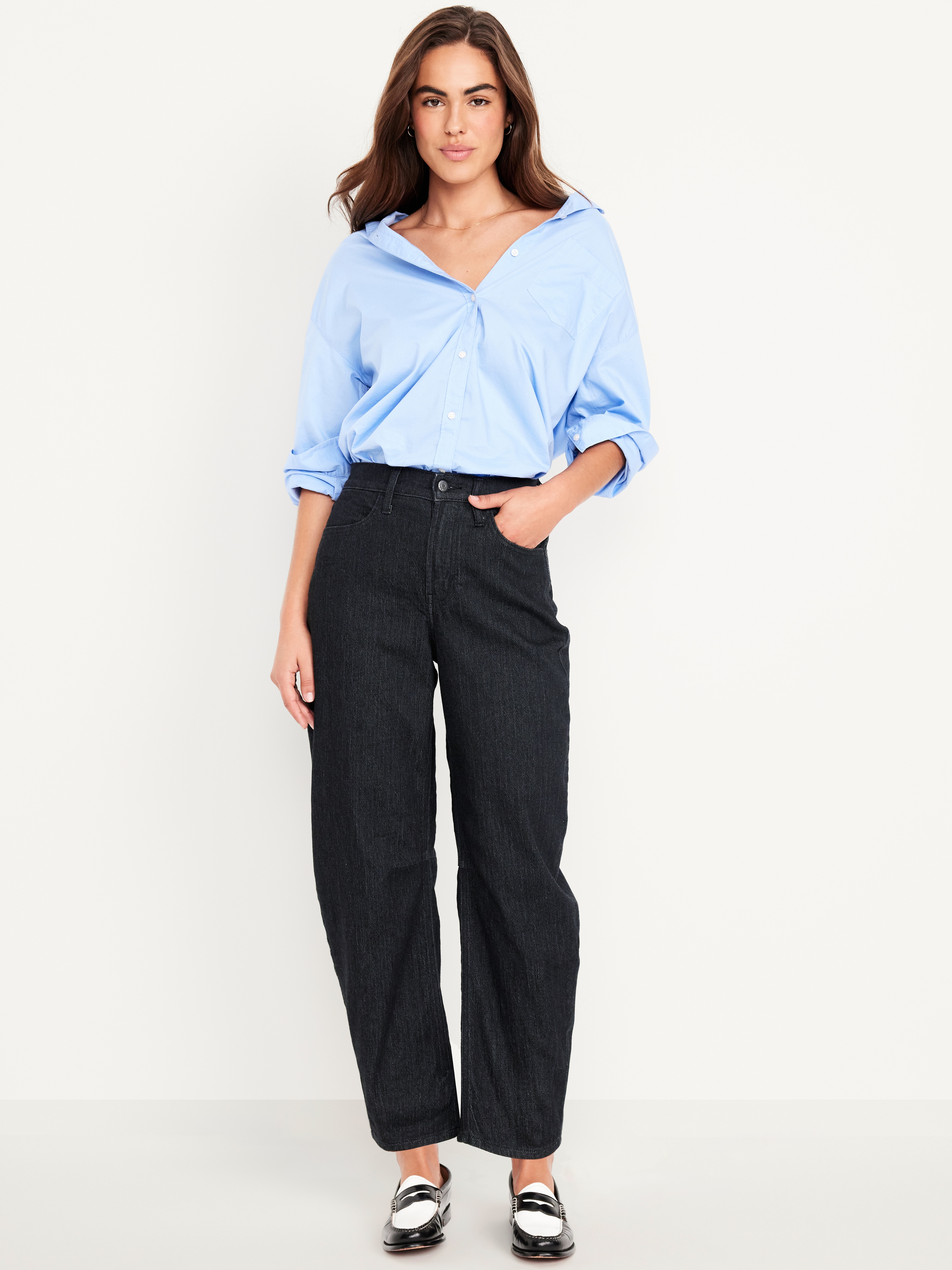 High-Waisted Wow Barrel-Leg Ankle Jeans - Washed Black - 1