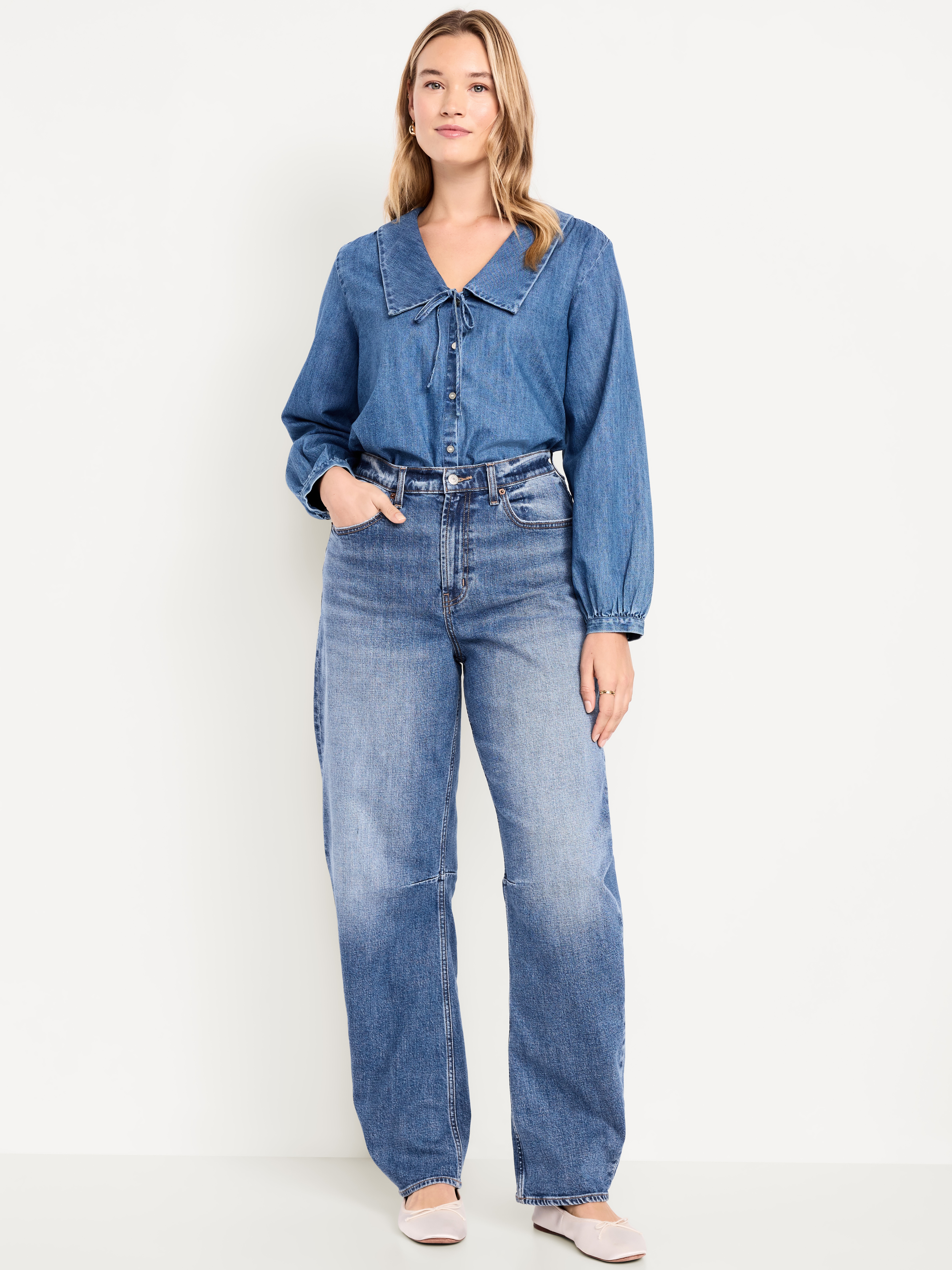 High-Waisted Baggy Barrel Jeans - Medium Wash - 5