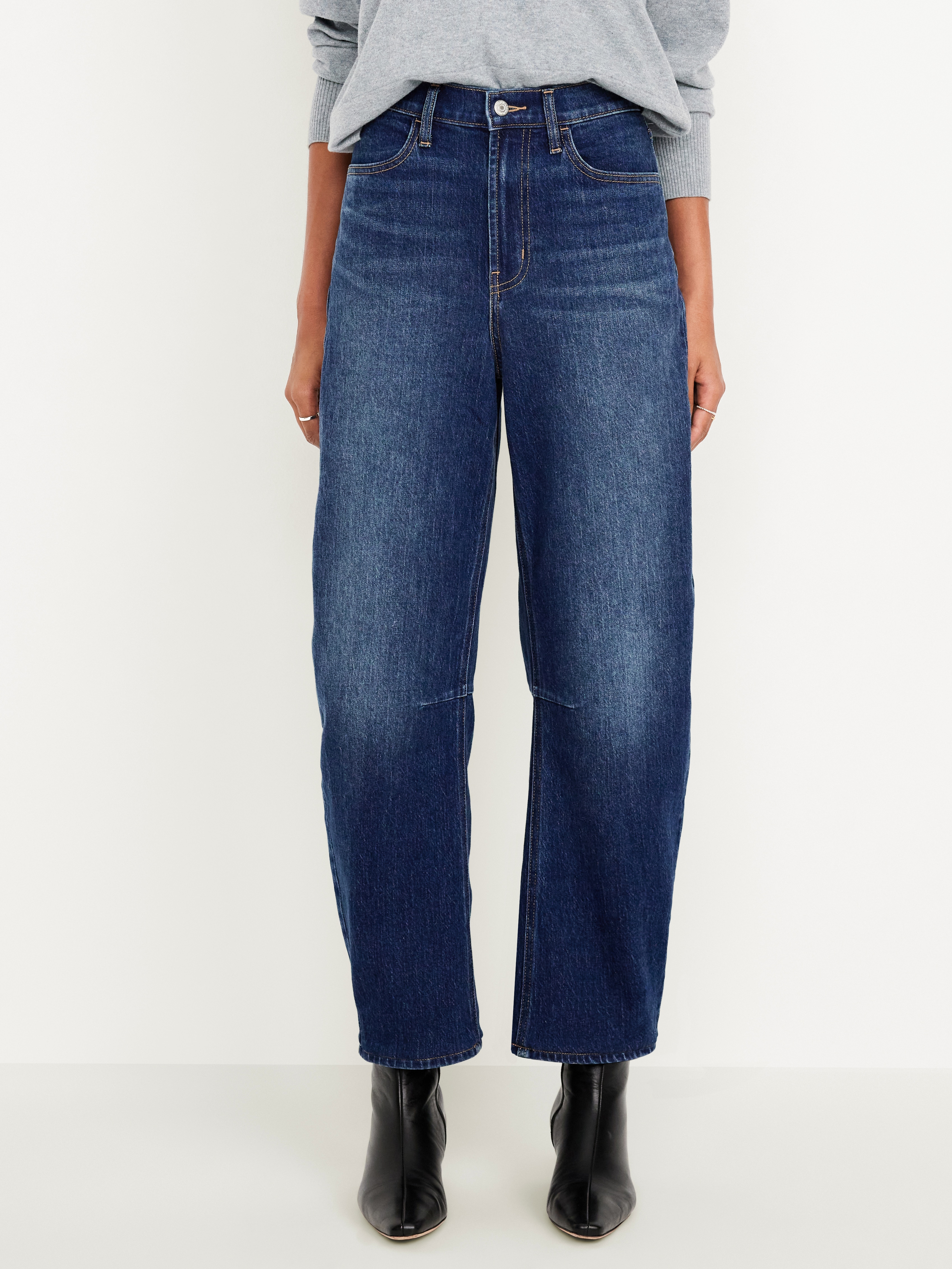 High-Waisted Wow Barrel-Leg Ankle Jeans - Dark Wash - 2