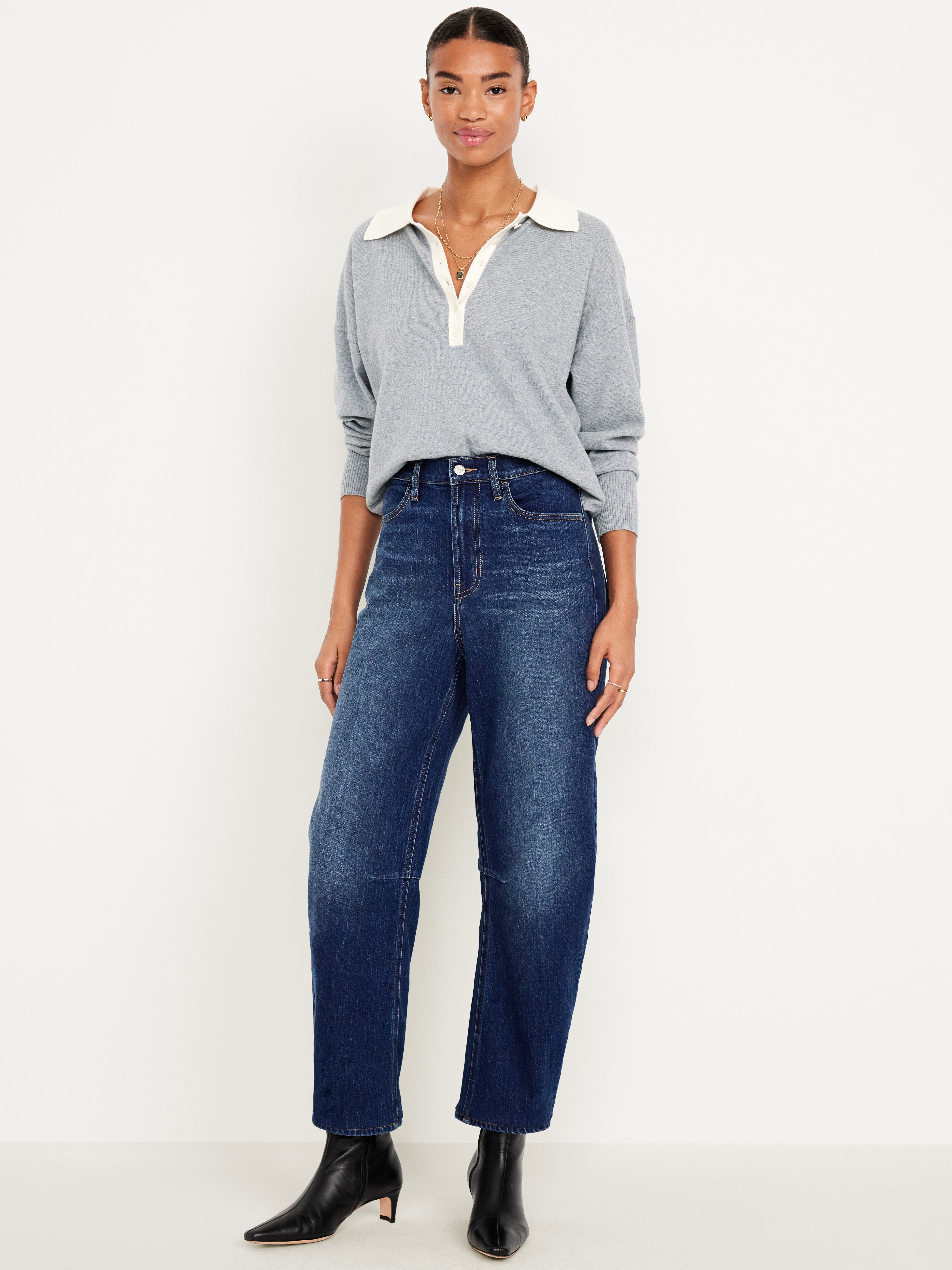 High-Waisted Wow Barrel-Leg Ankle Jeans - Dark Wash - 1