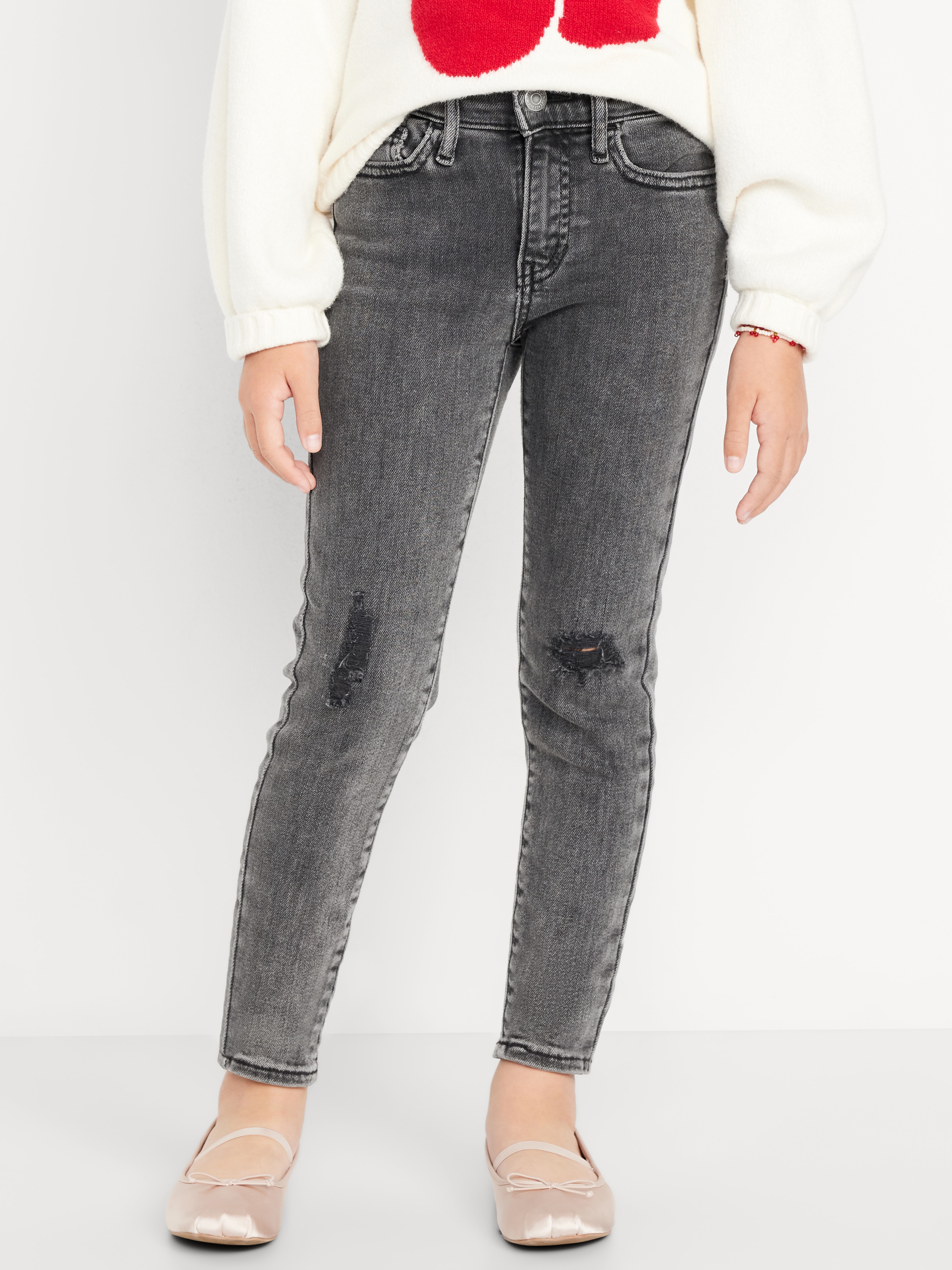 High-Waisted Rockstar 360° Stretch Jeggings for Girls - Washed Black Destroy - 1