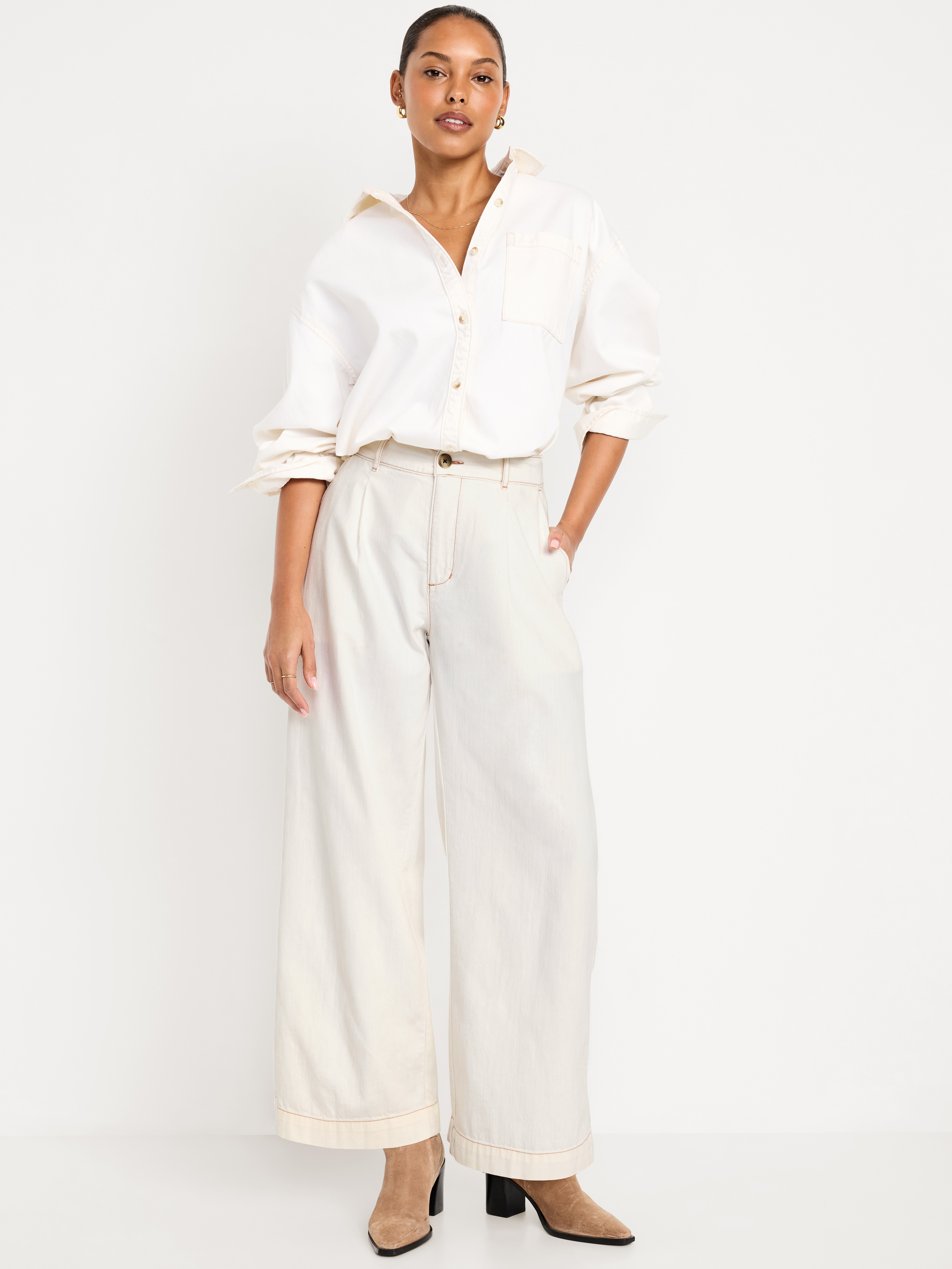 High-Waisted Taylor Trouser Wide-Leg Pants - Ecru - 1