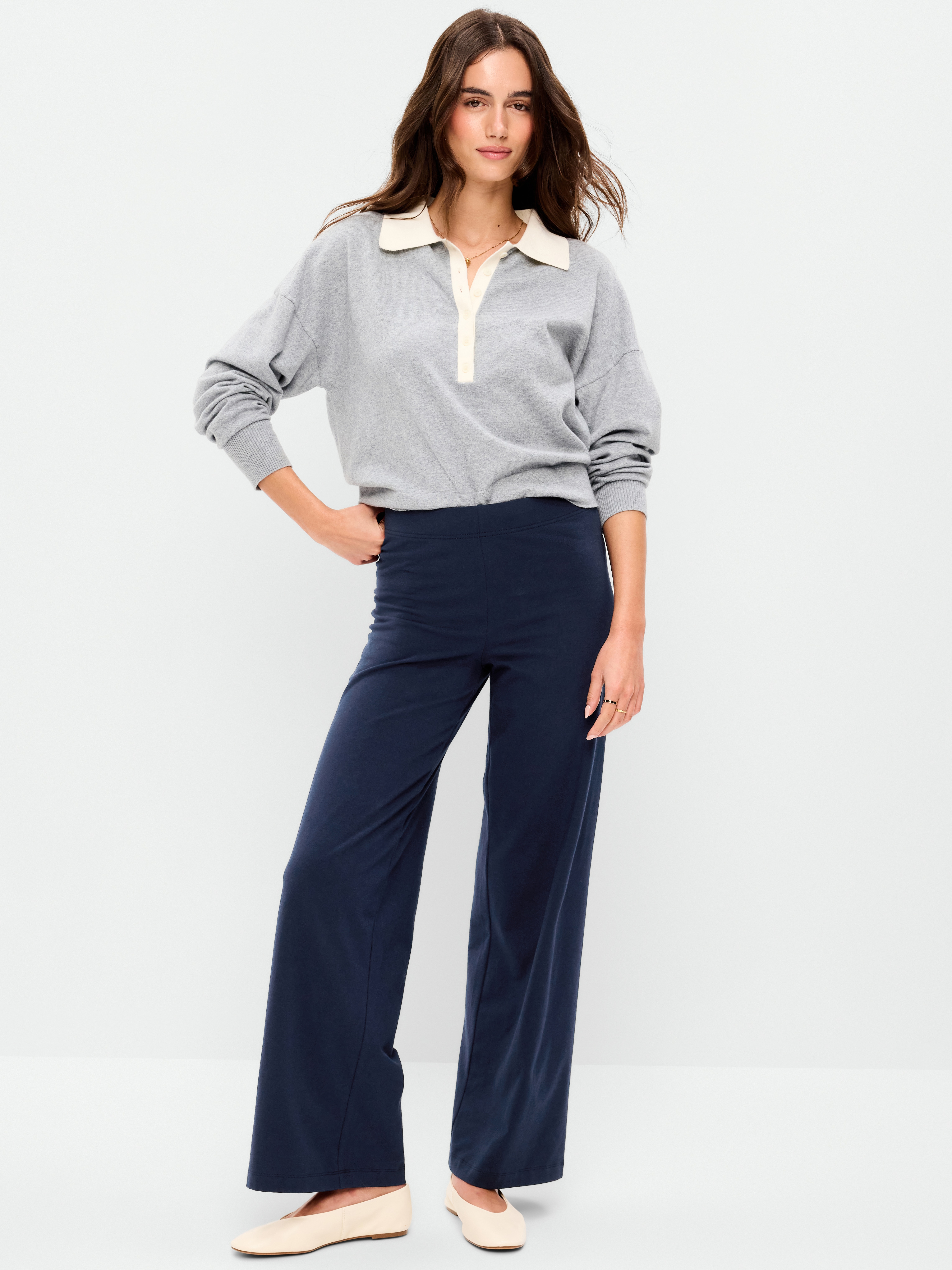 High-Waisted Fashion Wide-Leg Leggings - Navy Blue - 1